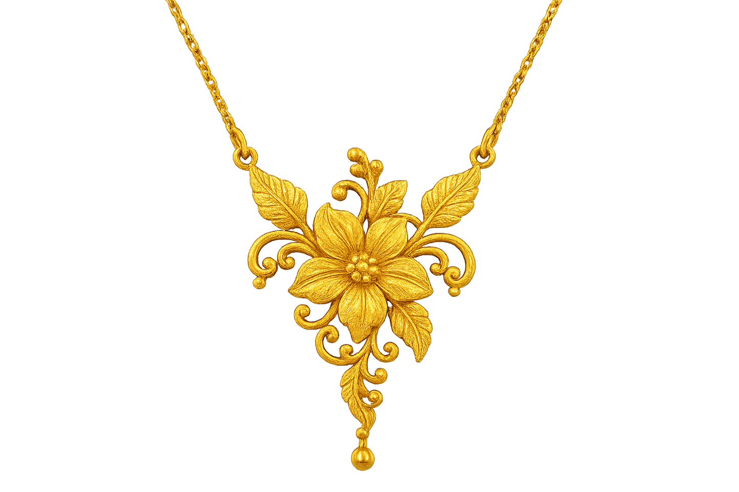 Elegant 22KT gold pendant necklace with intricate floral design. Perfect for festive and daily wear. with none give the image in png format no background 