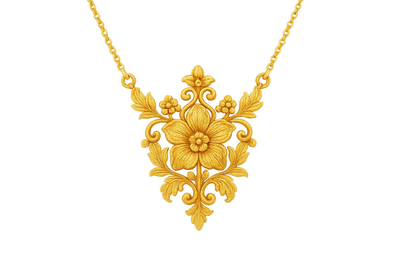 Elegant 22KT gold pendant necklace with intricate floral design. Perfect for festive and daily wear. with none give the image in png format no background 