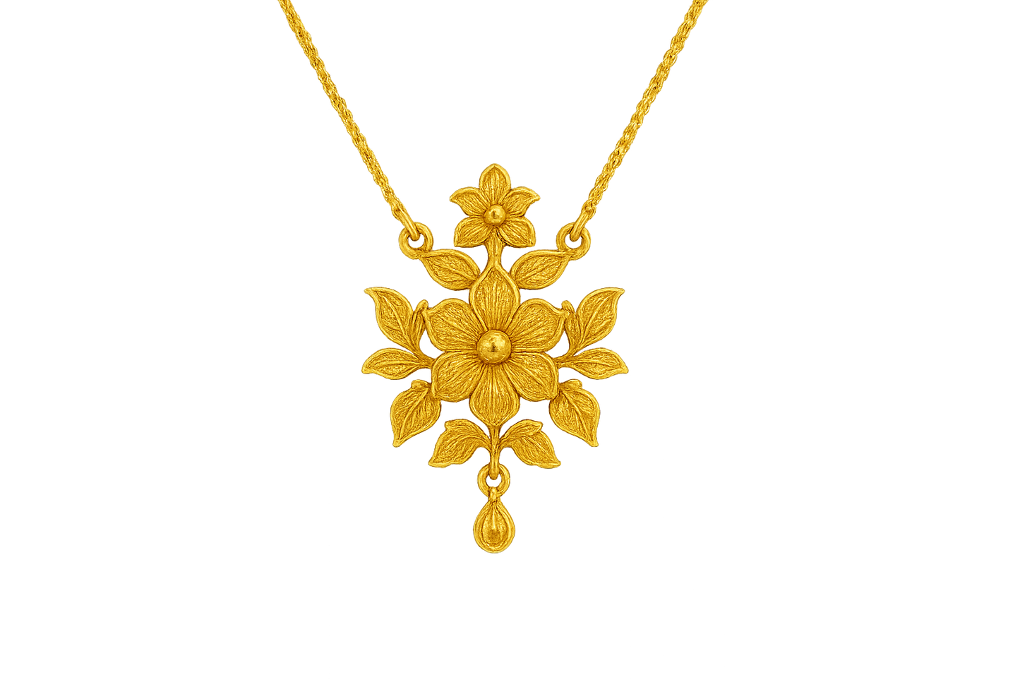 Elegant 22KT gold pendant necklace with intricate floral design. Perfect for festive and daily wear. with none give the image in png format no background  