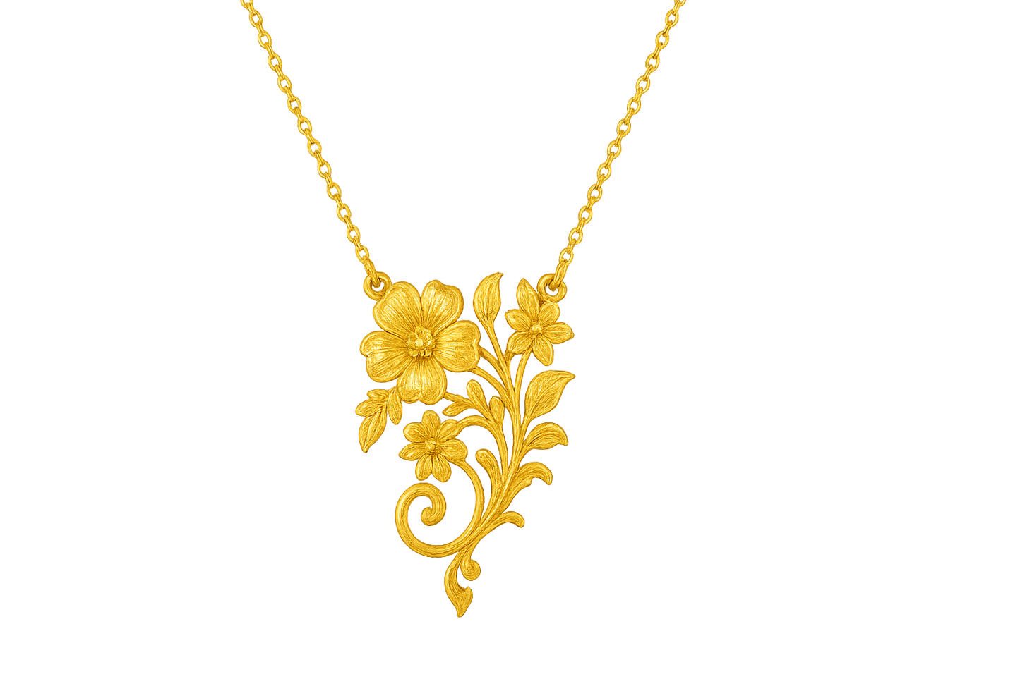 Elegant 22KT gold pendant necklace with intricate floral design. Perfect for festive and daily wear. with none give the image in png format no background 