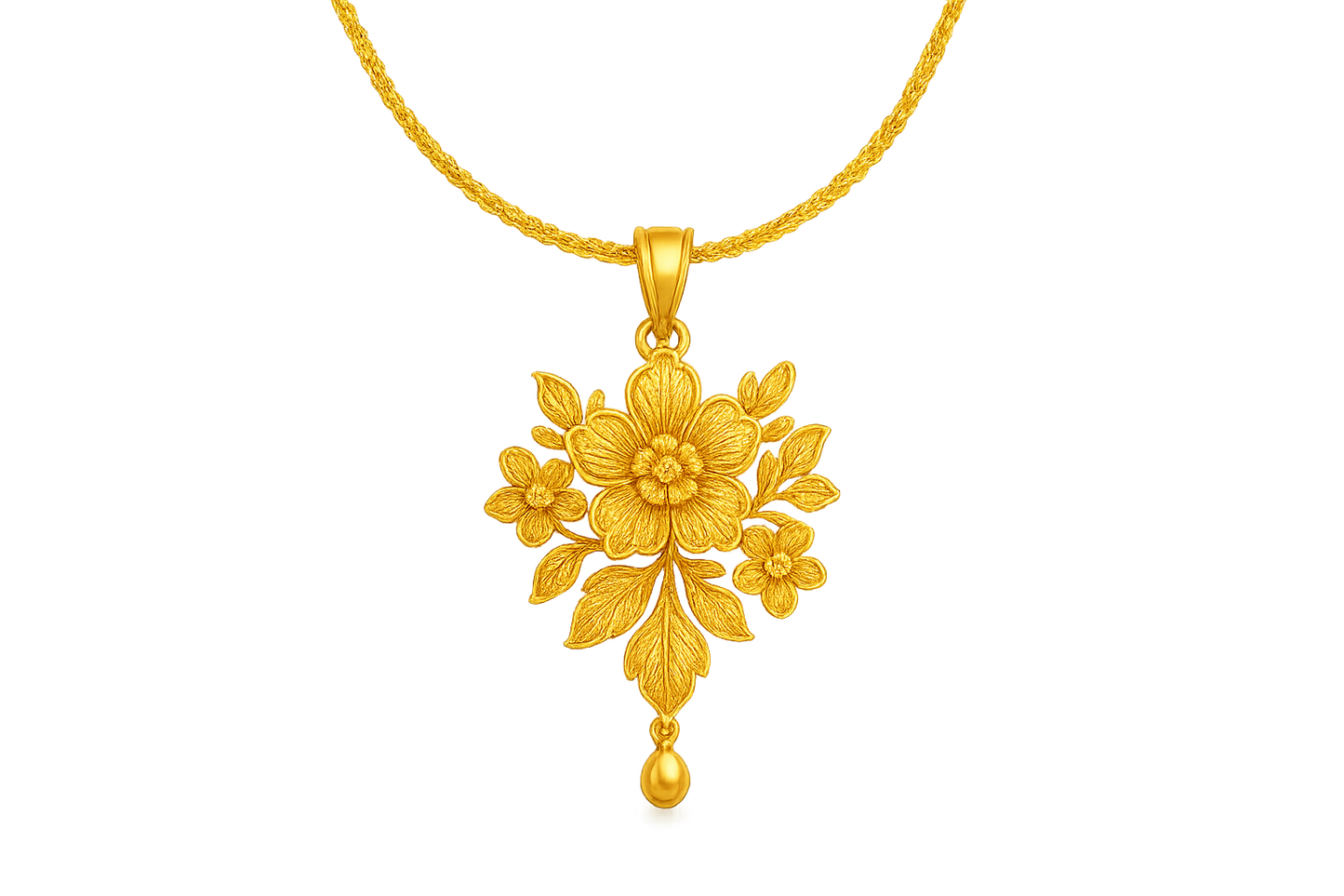 Elegant 22KT gold pendant necklace with intricate floral design. Perfect for festive and daily wear. with none give the image in png format no background