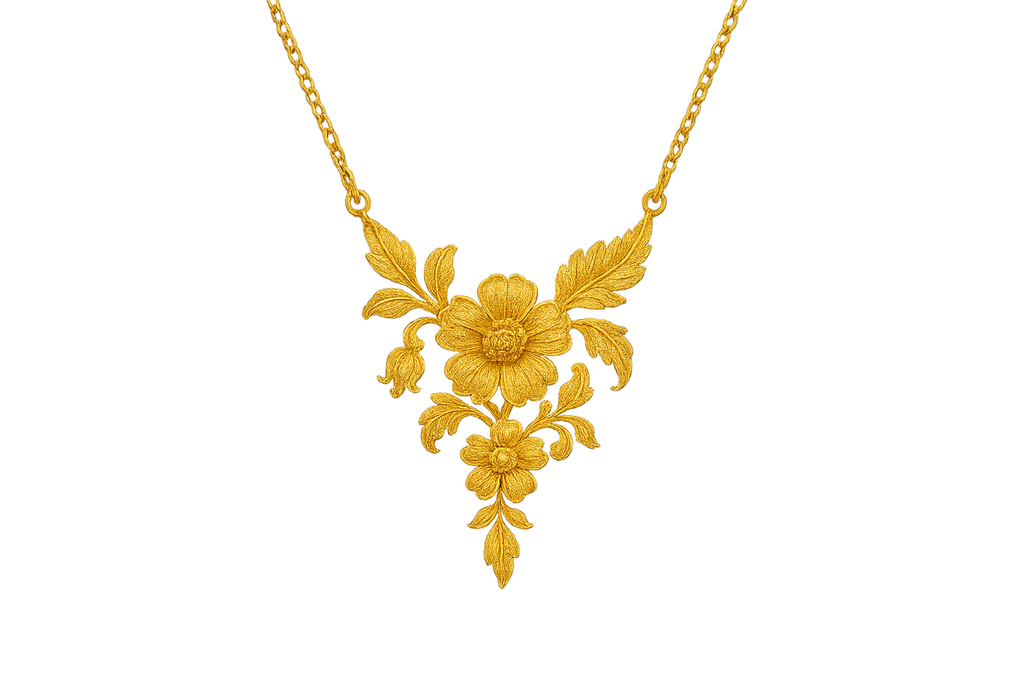 Elegant 22KT gold pendant necklace with intricate floral design. Perfect for festive and daily wear. with none give the image in png format no background 