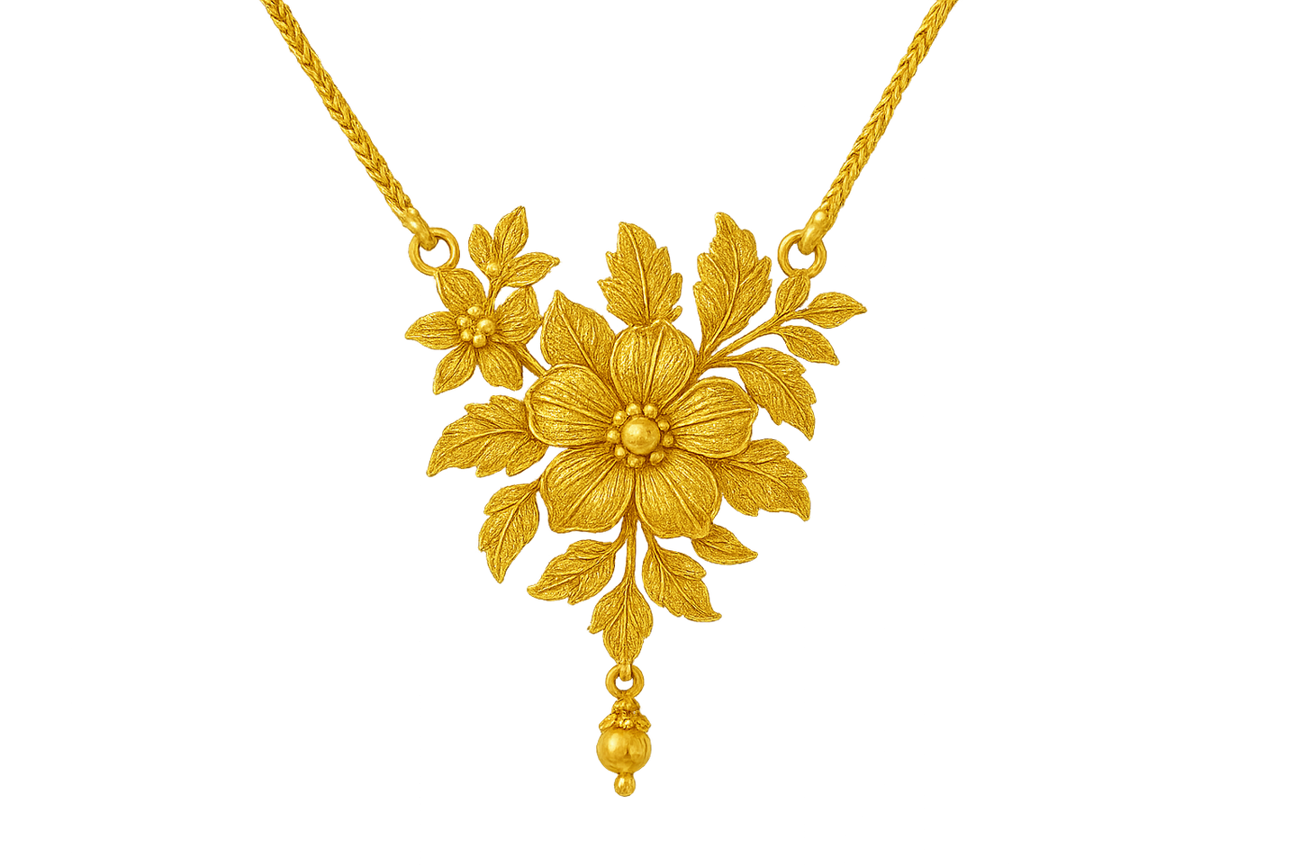Elegant 22KT gold pendant necklace with intricate floral design. Perfect for festive and daily wear. with none give the image in png format no background  