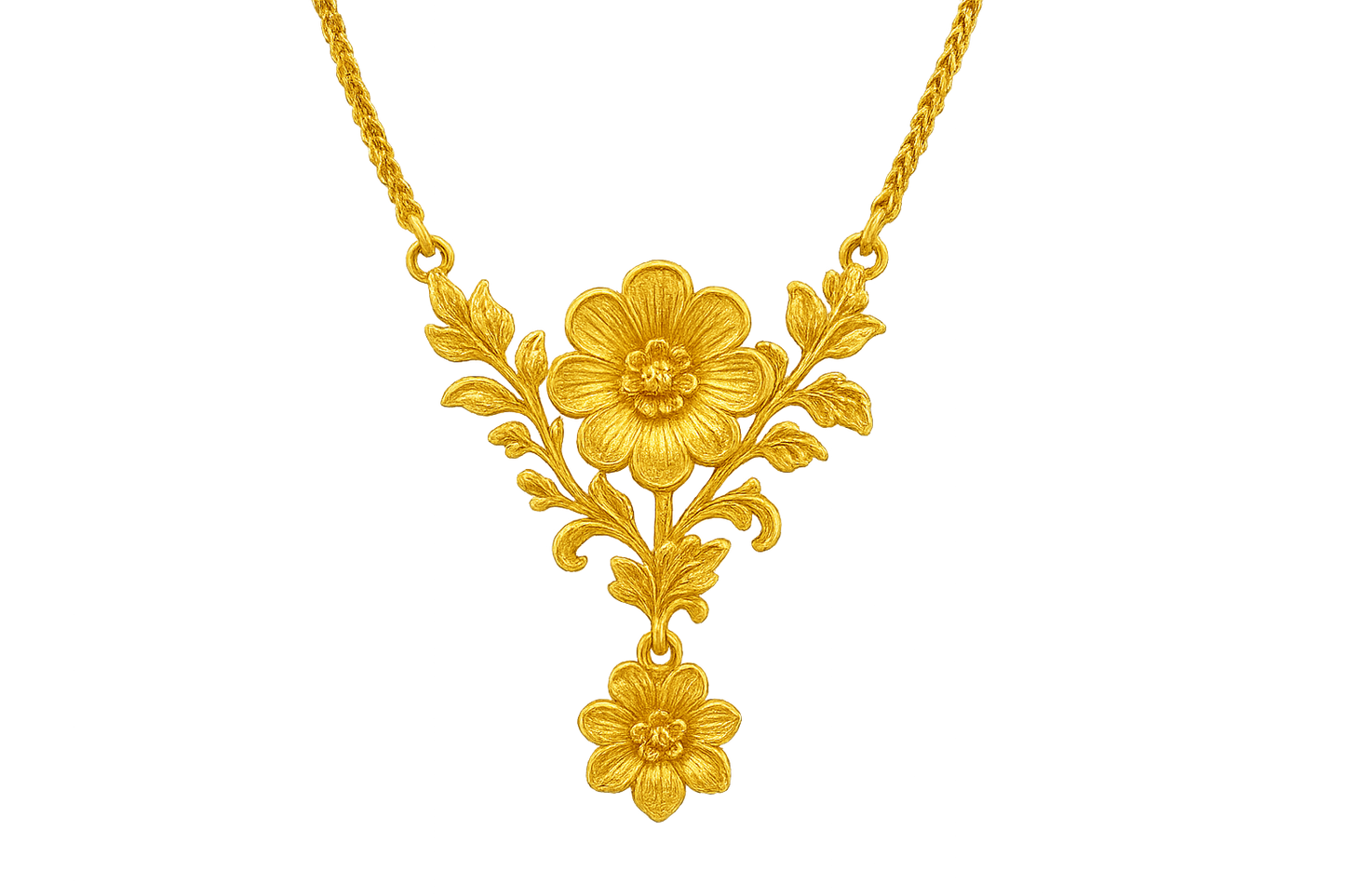 Elegant 22KT gold pendant necklace with intricate floral design. Perfect for festive and daily wear. with none give the image in png format no background 