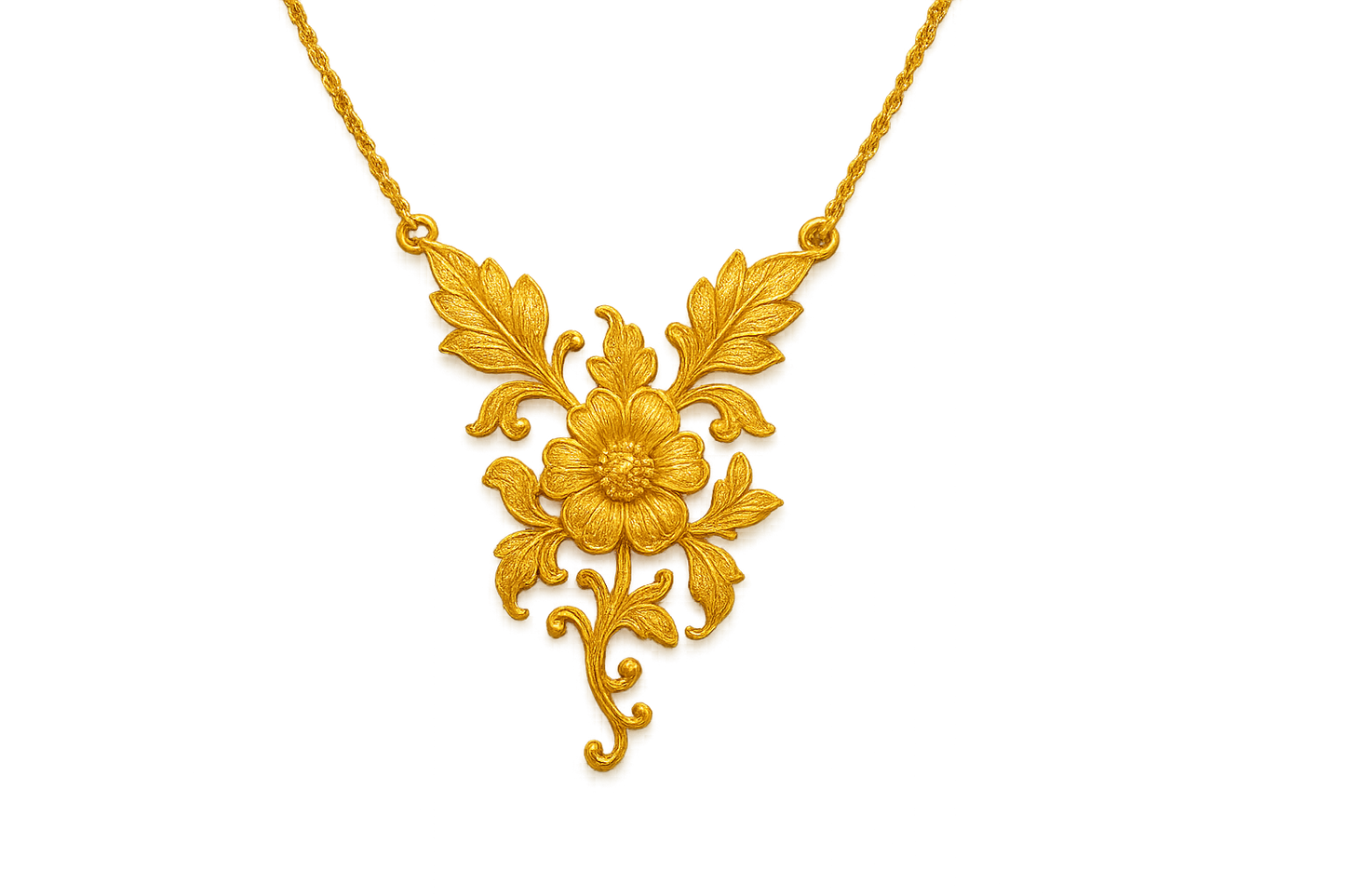 Elegant 22KT gold pendant necklace with intricate floral design. Perfect for festive and daily wear.  with none give the image in png format no background 