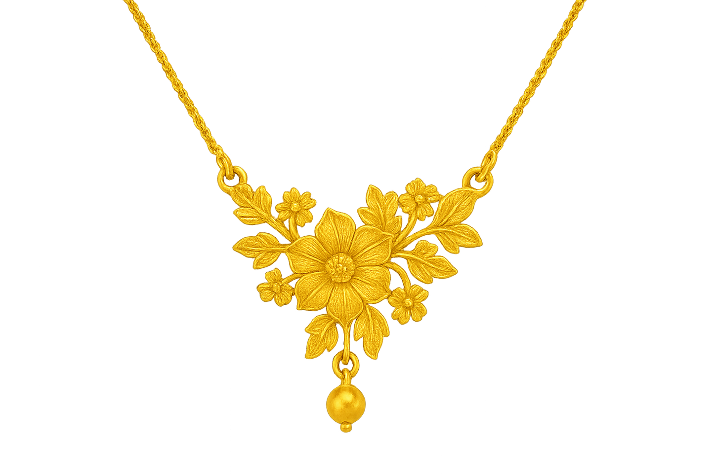 Elegant 22KT gold pendant necklace with intricate floral design. Perfect for festive and daily wear. with none give the image in png format no background 
