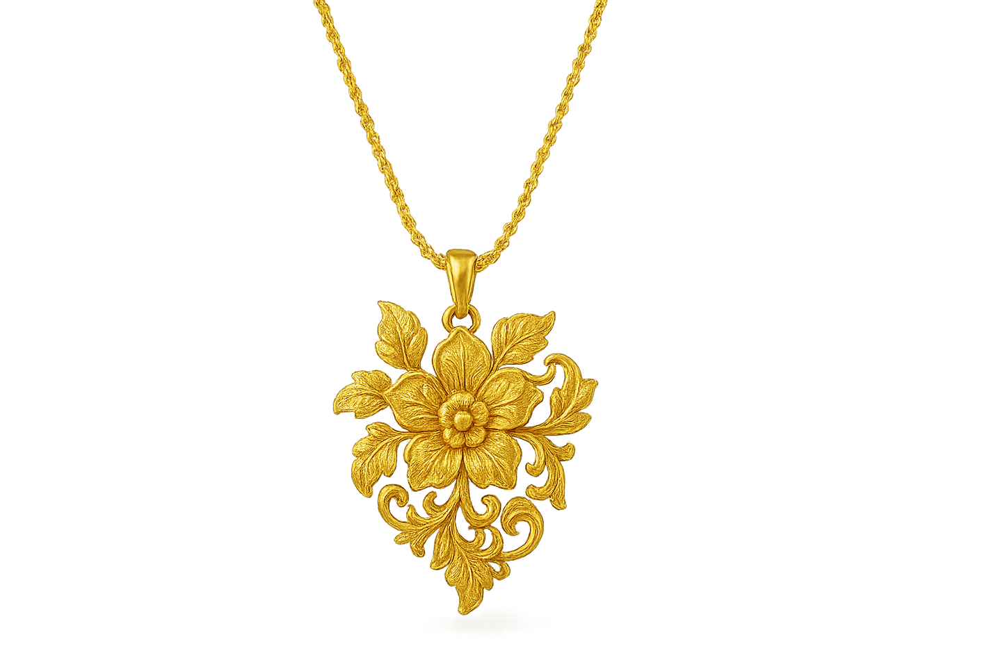 Elegant 22KT gold pendant necklace with intricate floral design. Perfect for festive and daily wear. with none give the image png format no background 