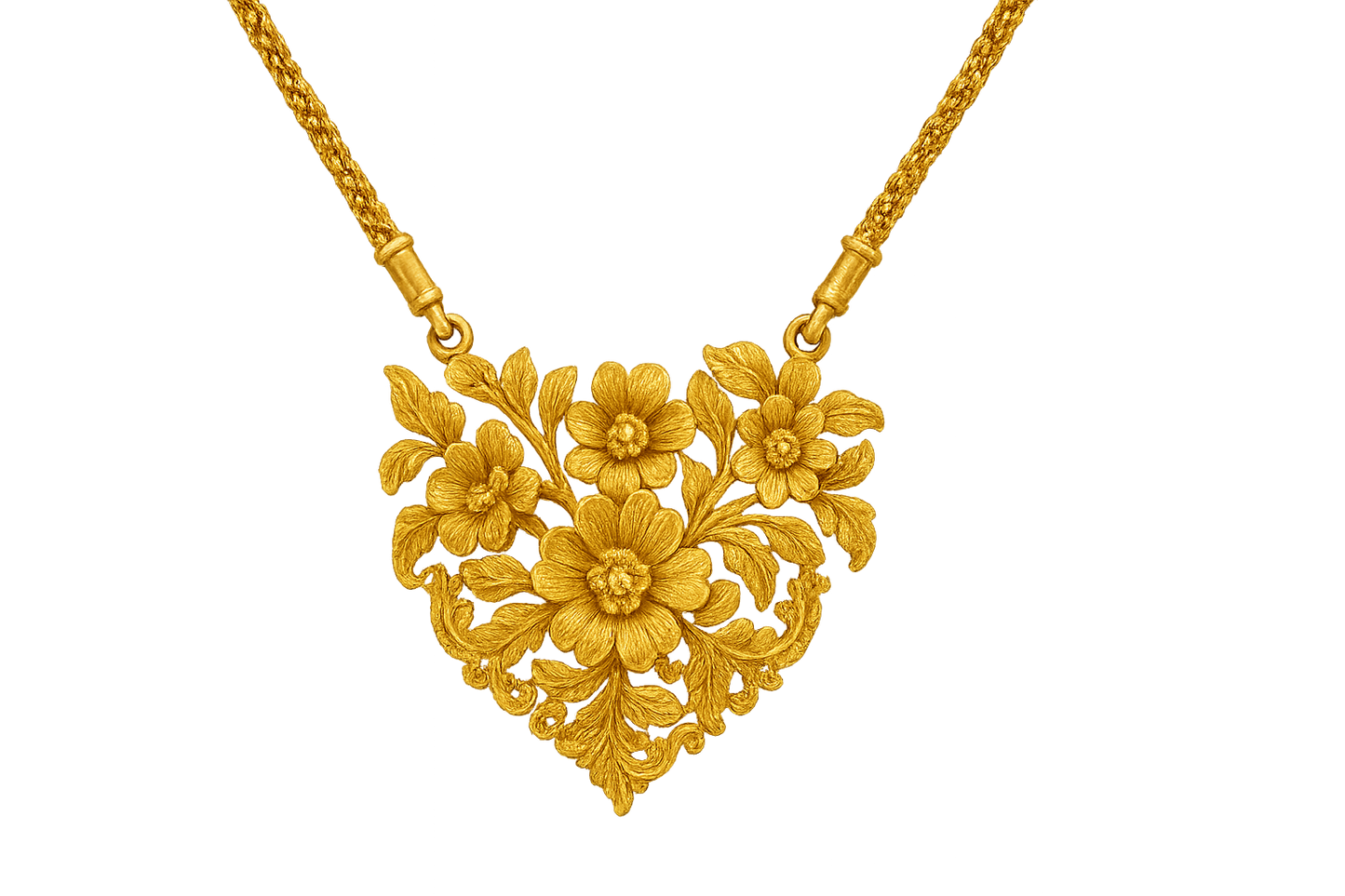 Elegant 22KT gold pendant necklace with intricate floral design. Perfect for festive and daily wear. with none give the image png format no background