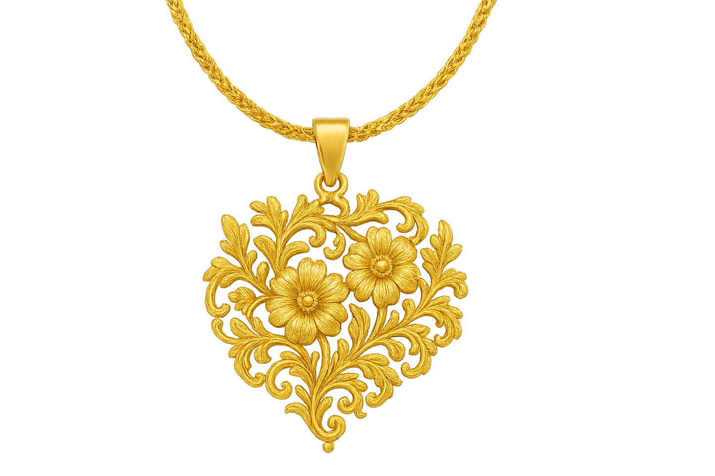 Elegant 22KT gold pendant necklace with intricate floral design. Perfect for festive and daily wear. with none give the image png format no background