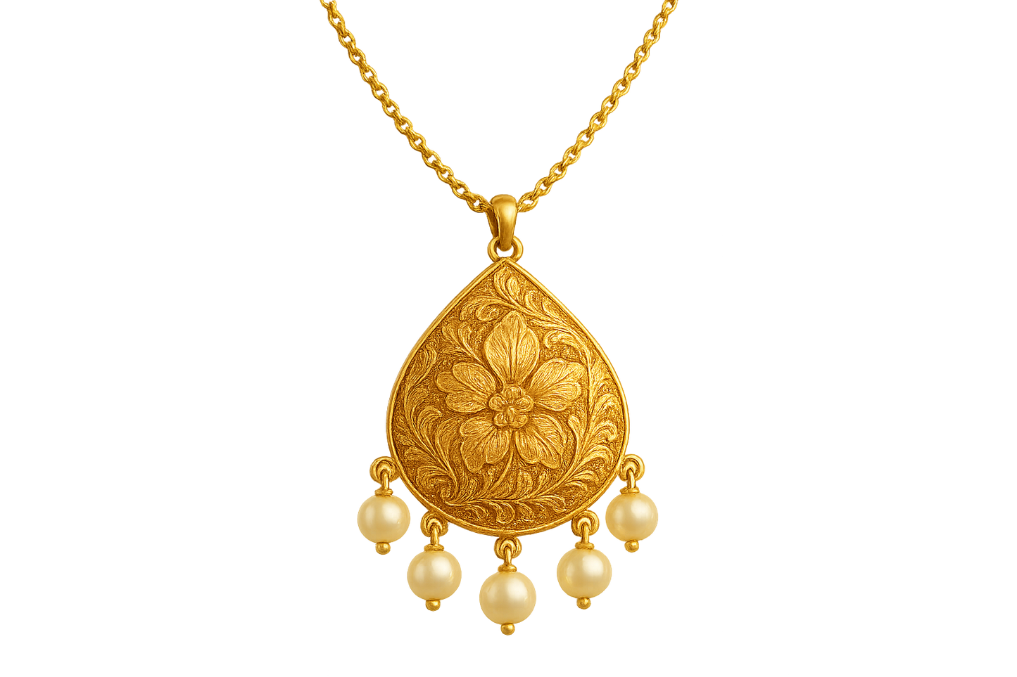Elegant 22KT gold pendant necklace with intricate floral design. Perfect for festive and daily wear. with pearl give the image in format no background 