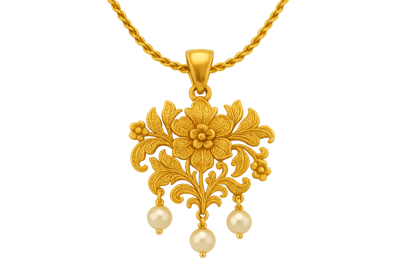 Elegant 22KT gold pendant necklace with intricate floral design. Perfect for festive and daily wear. with pearl give the image in format no background 