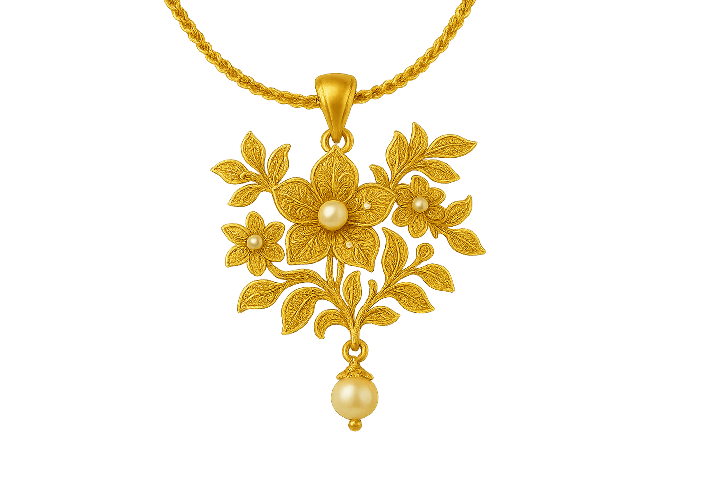 Elegant 22KT gold pendant necklace with intricate floral design. Perfect for festive and daily wear. with pearl give the image in format no background 