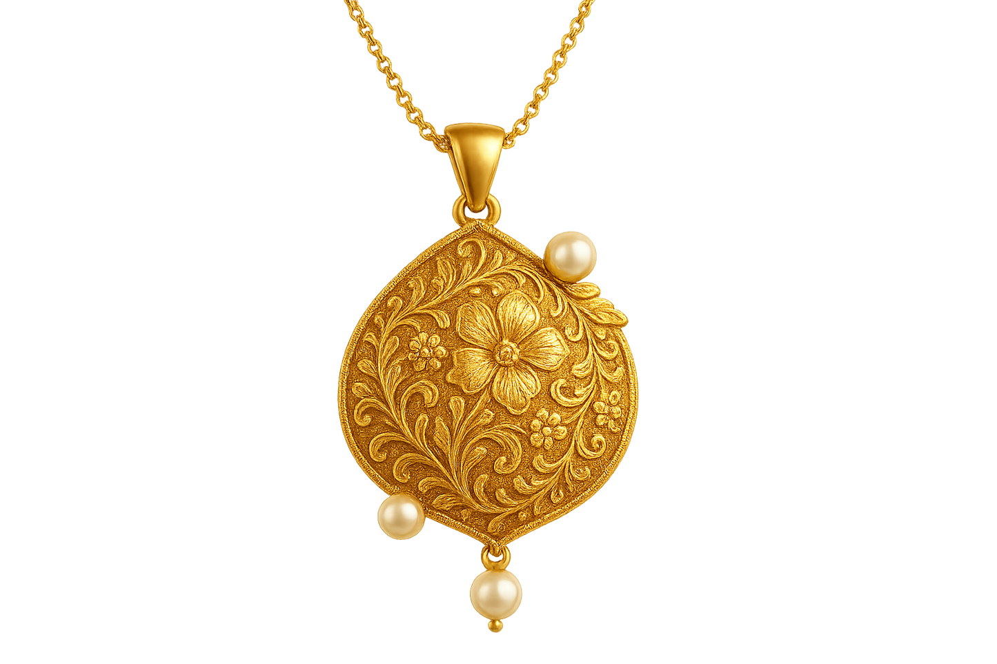 Elegant 22KT gold pendant necklace with intricate floral design. Perfect for festive and daily wear. with pearl give the image in format no background