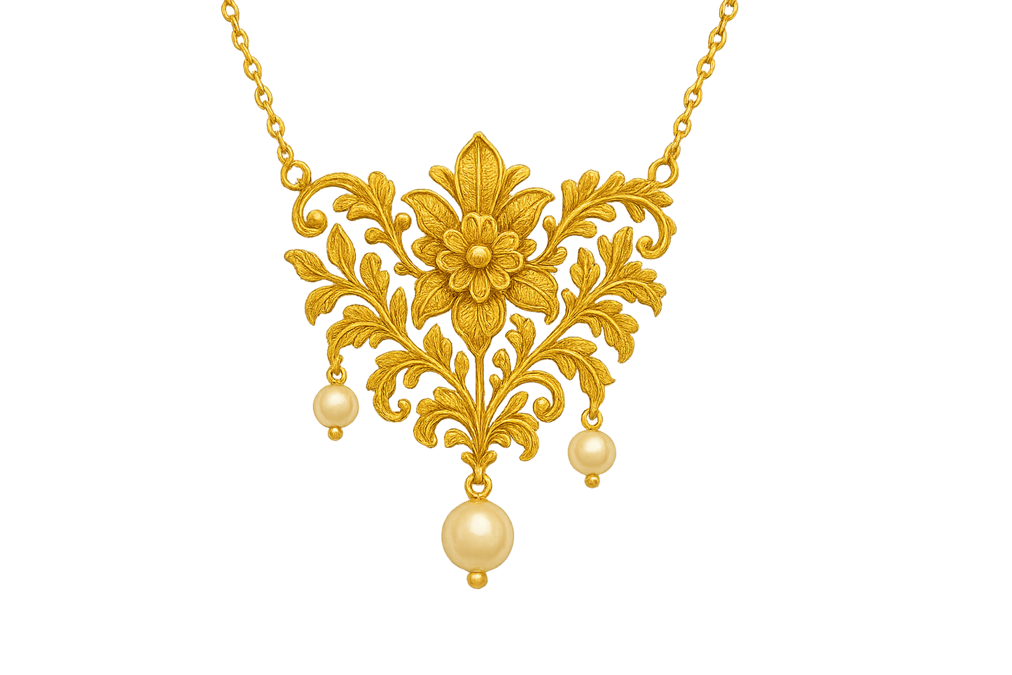 Elegant 22KT gold pendant necklace with intricate floral design. Perfect for festive and daily wear. with pearl give the image in format no background 