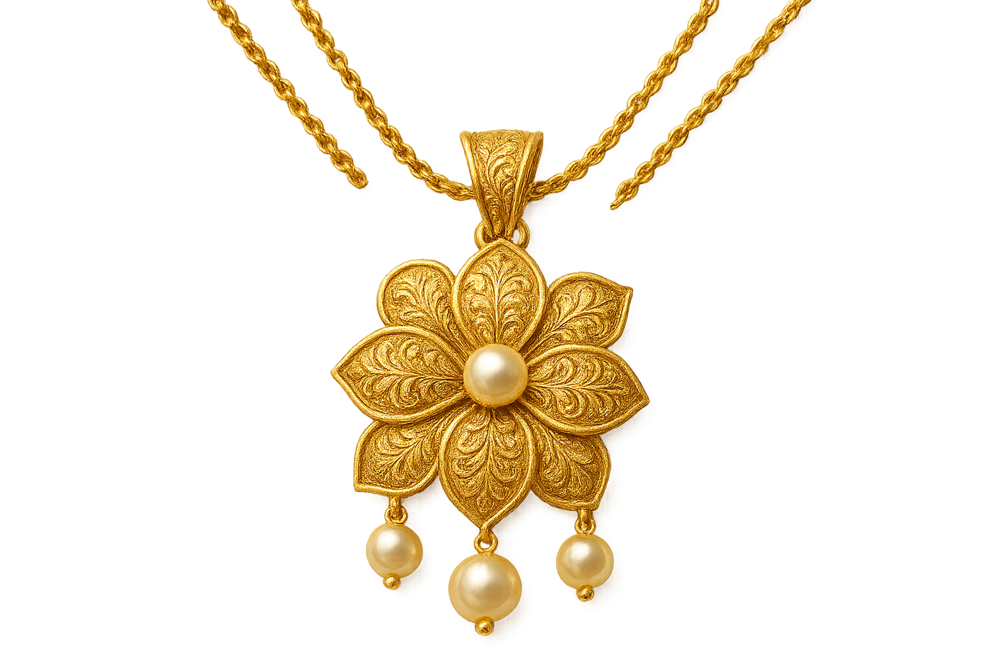 Elegant 22KT gold pendant necklace with intricate floral design. Perfect for festive and daily wear. with pearl give the image in format no background 