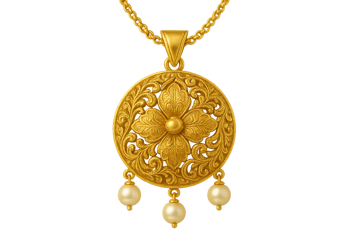 Elegant 22KT gold pendant necklace with intricate floral design. Perfect for festive and daily wear. with pearl give the image in format no background 