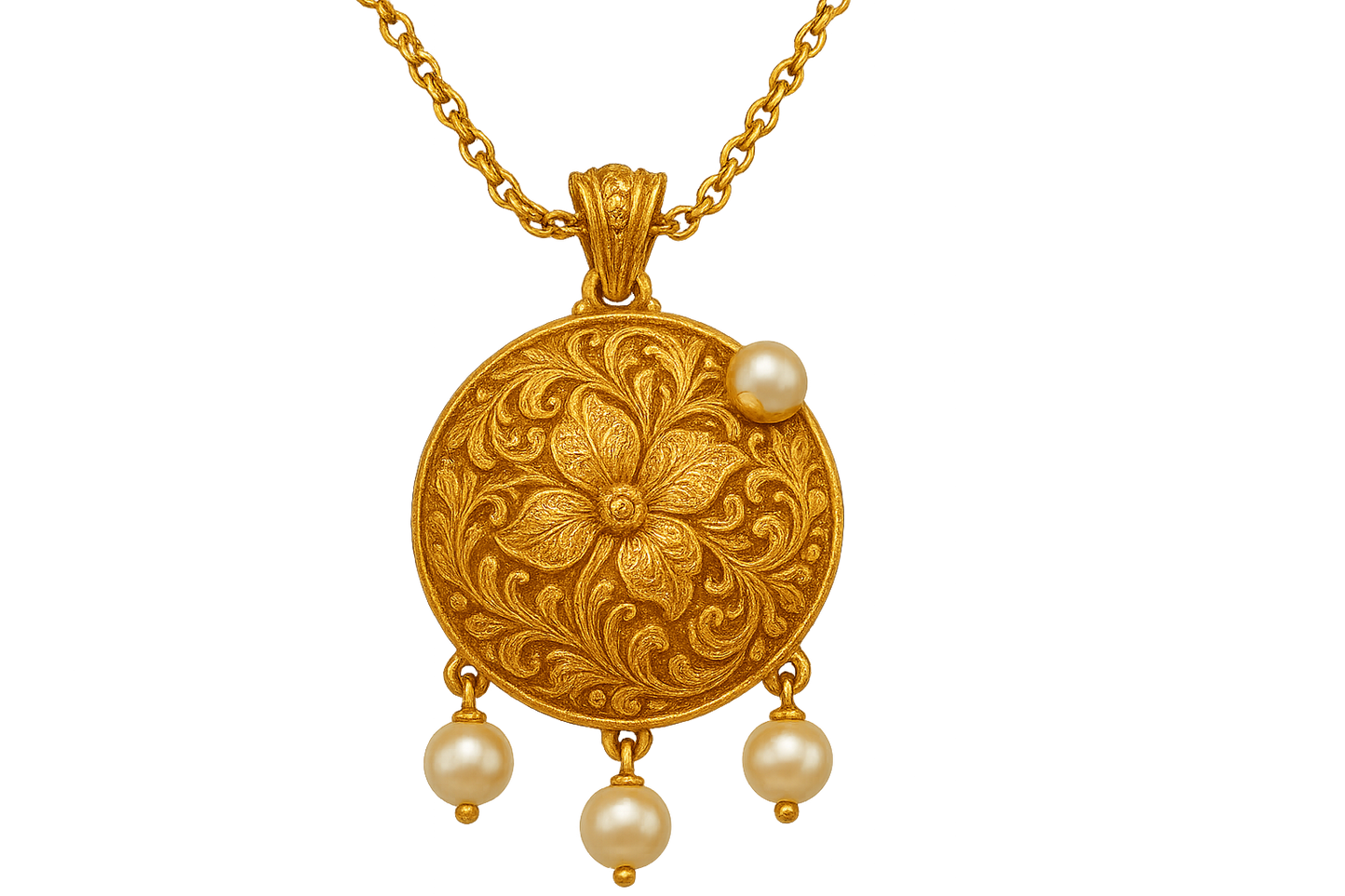 Elegant 22KT gold pendant necklace with intricate floral design. Perfect for festive and daily wear. with pearl give the image in format no background