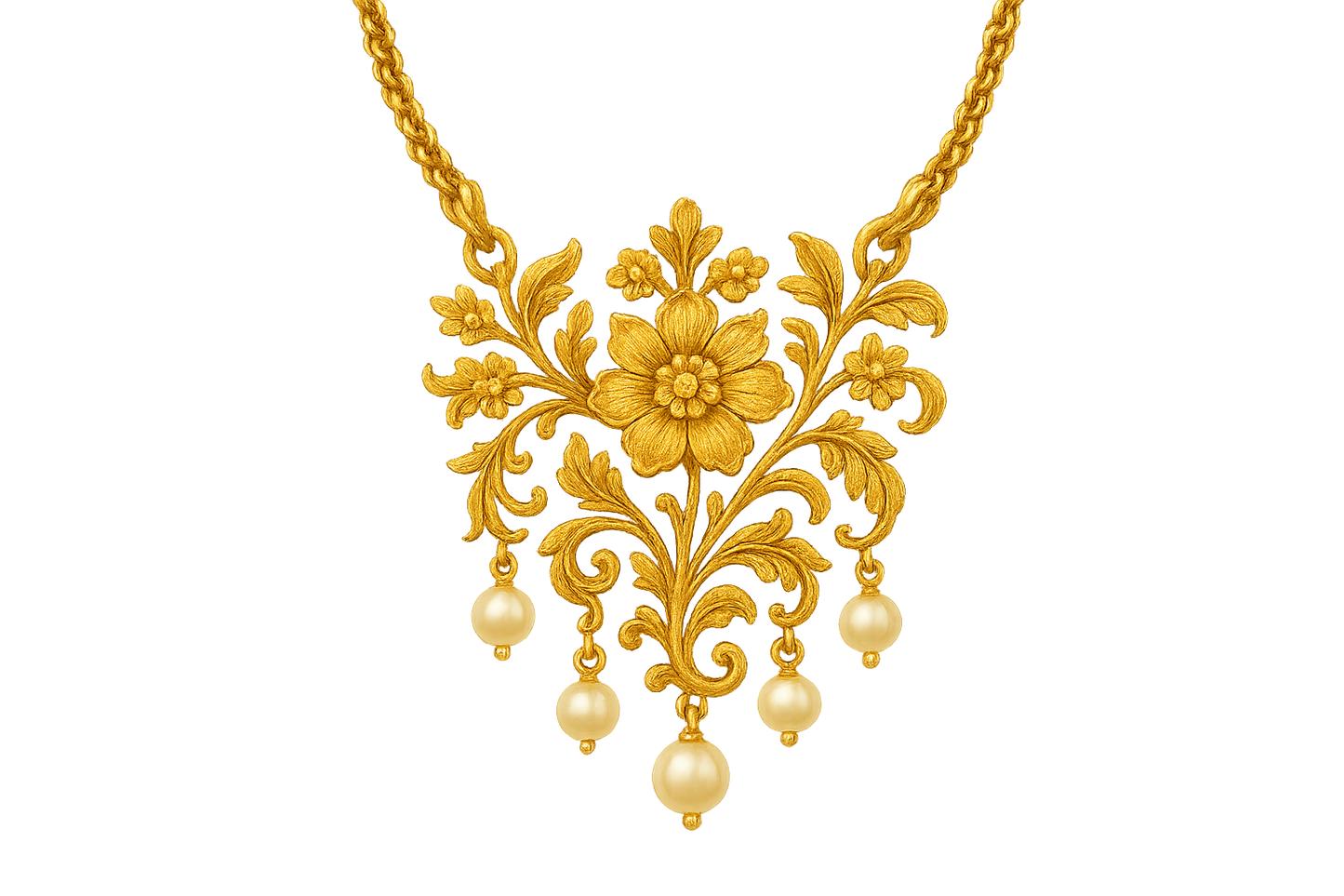 Elegant 22KT gold pendant necklace with intricate floral design. Perfect for festive and daily wear. with pearl give the image in format no background 