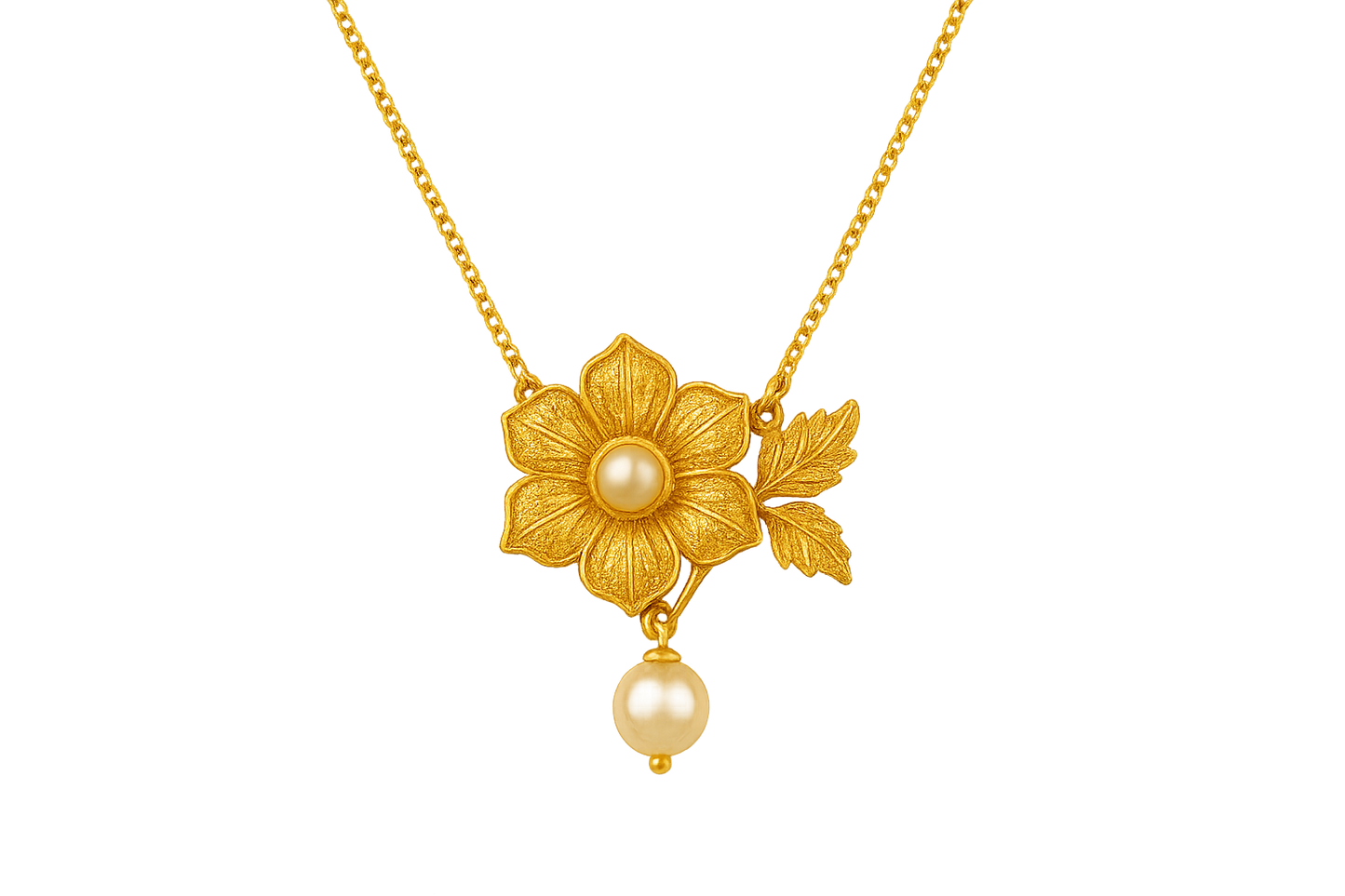 Elegant 22KT gold pendant necklace with intricate floral design. Perfect for festive and daily wear. with pearl give the image in png foremat no background 
