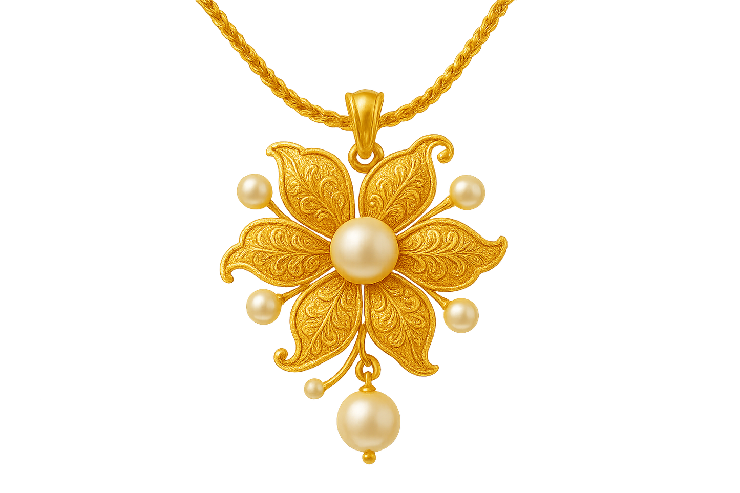 Elegant 22KT gold pendant necklace with intricate floral design. Perfect for festive and daily wear. with pearl give the image in png format no background