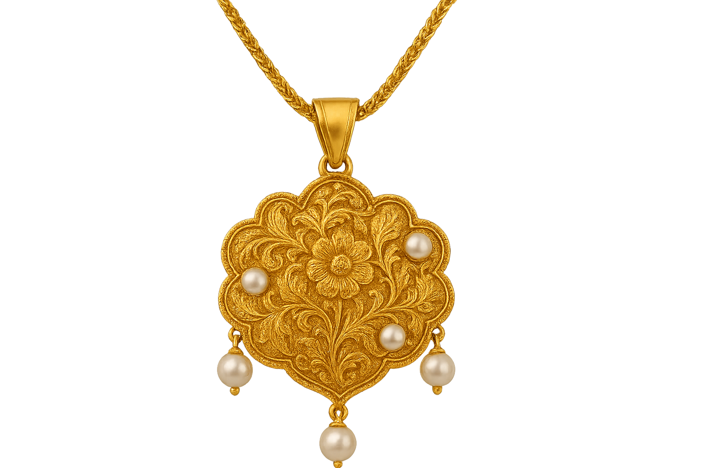 Elegant 22KT gold pendant necklace with intricate floral design. Perfect for festive and daily wear. with pearl give the image in png format no background 