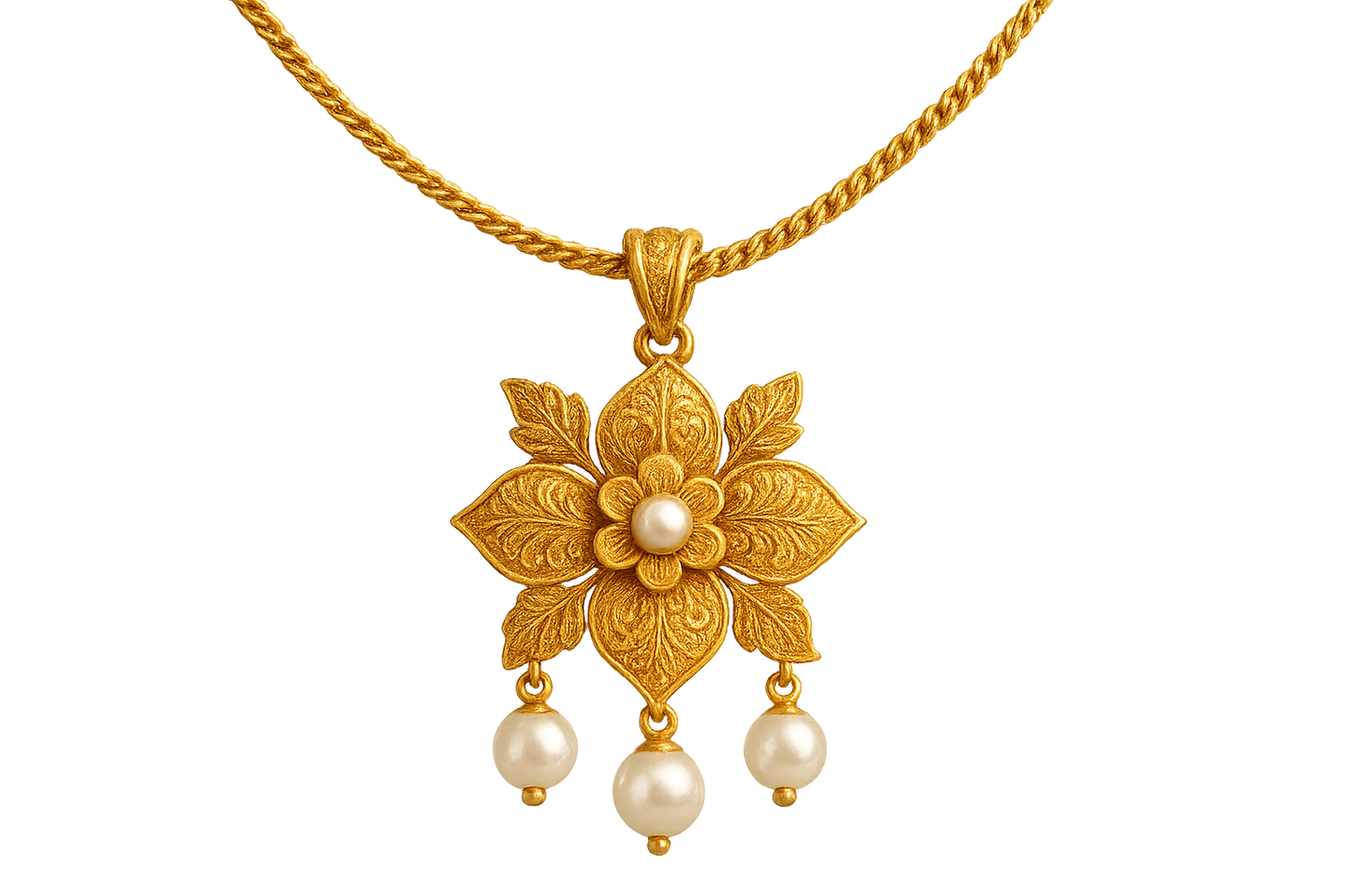 Elegant 22KT gold pendant necklace with intricate floral design. Perfect for festive and daily wear. with pearl give the image in png format no background 
