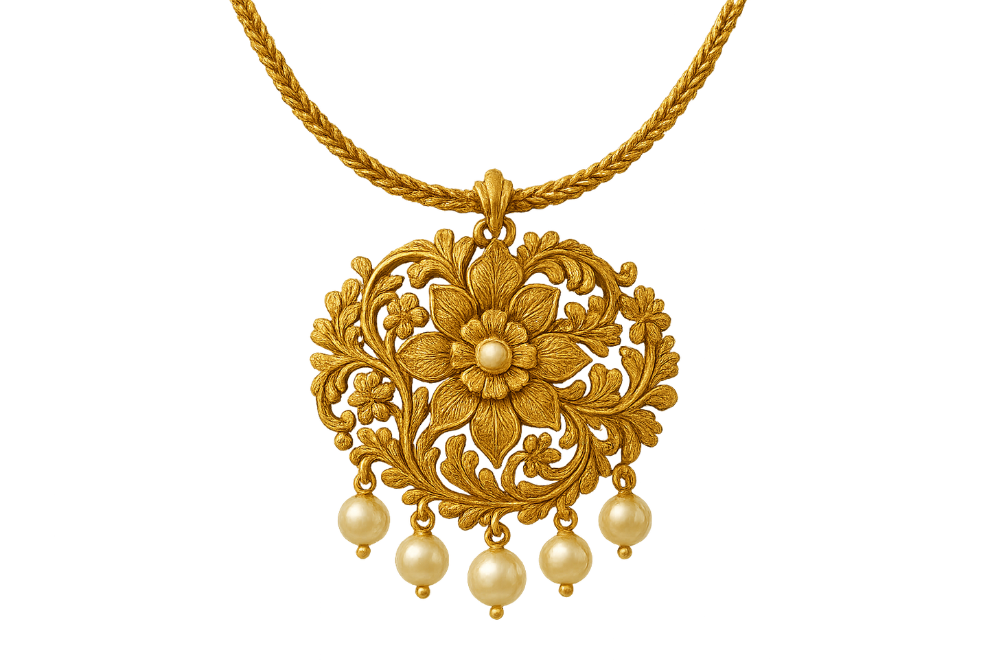 Elegant 22KT gold pendant necklace with intricate floral design. Perfect for festive and daily wear. with pearl give the image in png format no background  