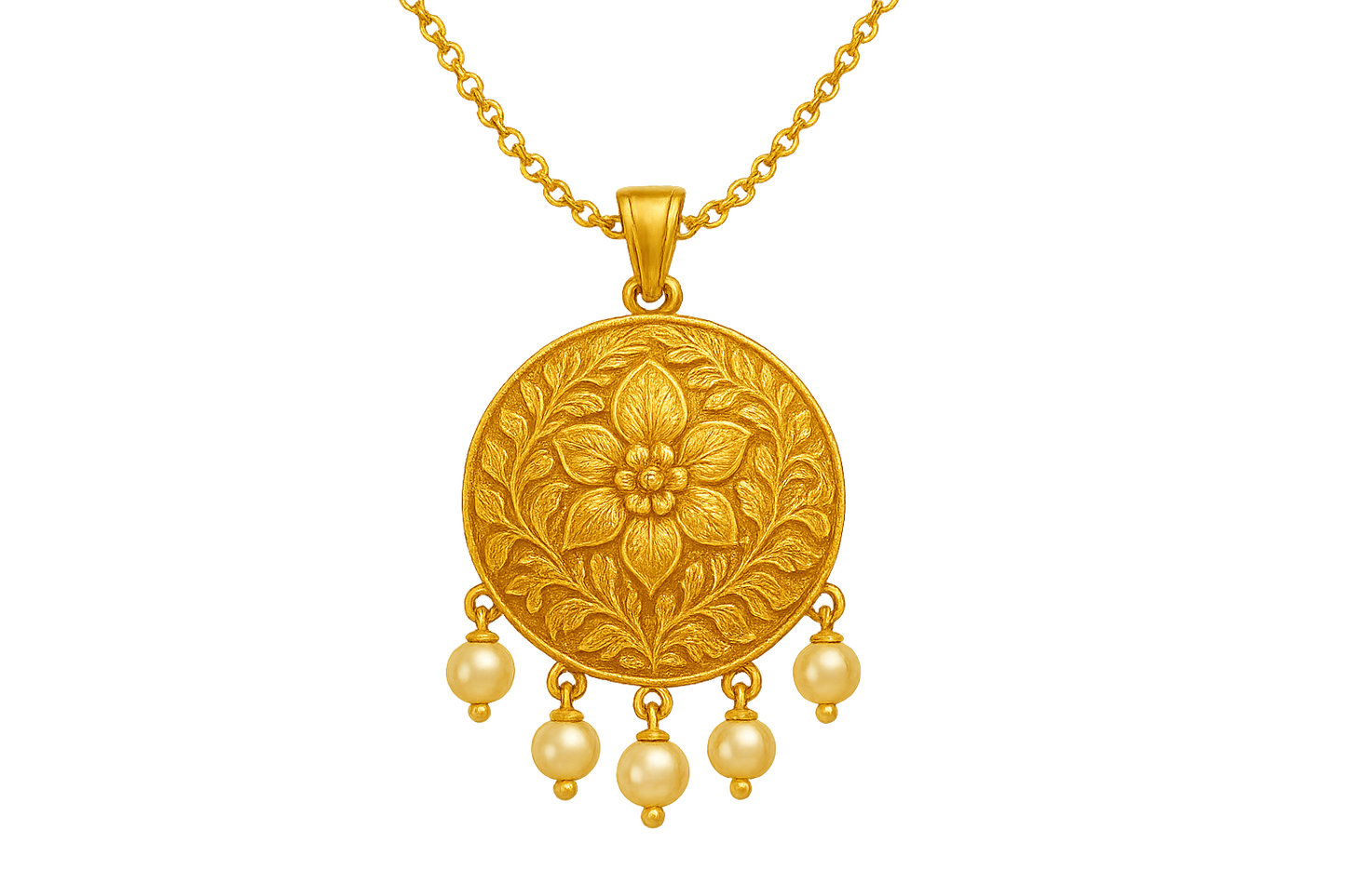 Elegant 22KT gold pendant necklace with intricate floral design. Perfect for festive and daily wear. with pearl give the image in png format no background 