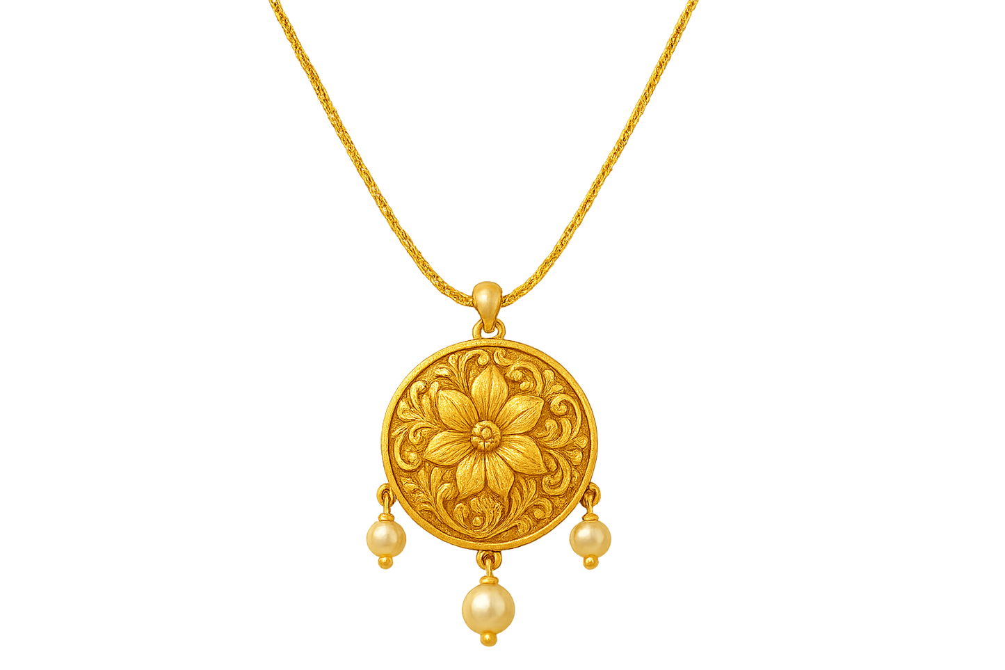 Elegant 22KT gold pendant necklace with intricate floral design. Perfect for festive and daily wear. with pearl give the image in png format no background 