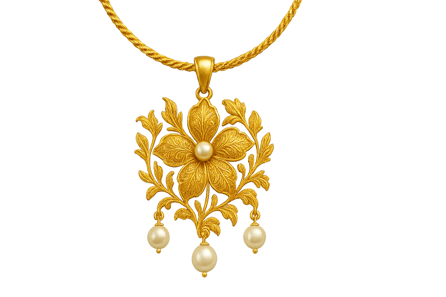 Elegant 22KT gold pendant necklace with intricate floral design. Perfect for festive and daily wear. with pearl give the image in png format no background  