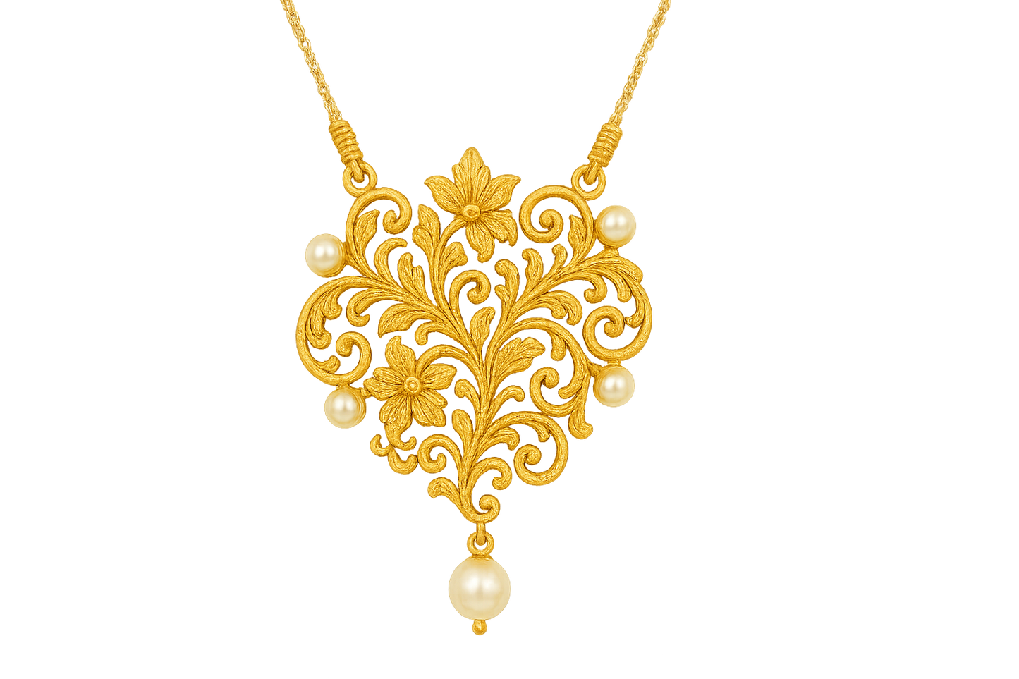Elegant 22KT gold pendant necklace with intricate floral design. Perfect for festive and daily wear. with pearl give the image in png format no background