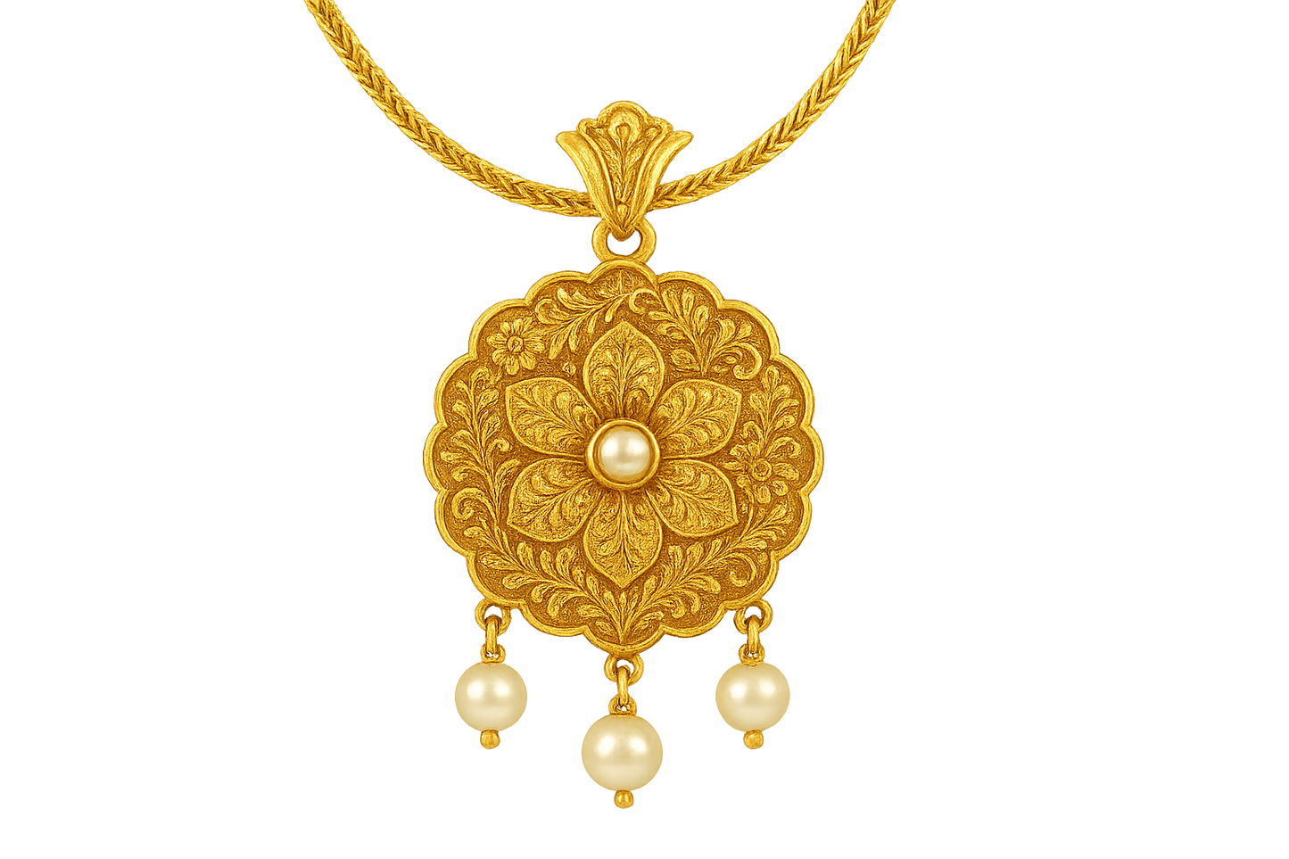 Elegant 22KT gold pendant necklace with intricate floral design. Perfect for festive and daily wear. with pearl give the image in png format no background  