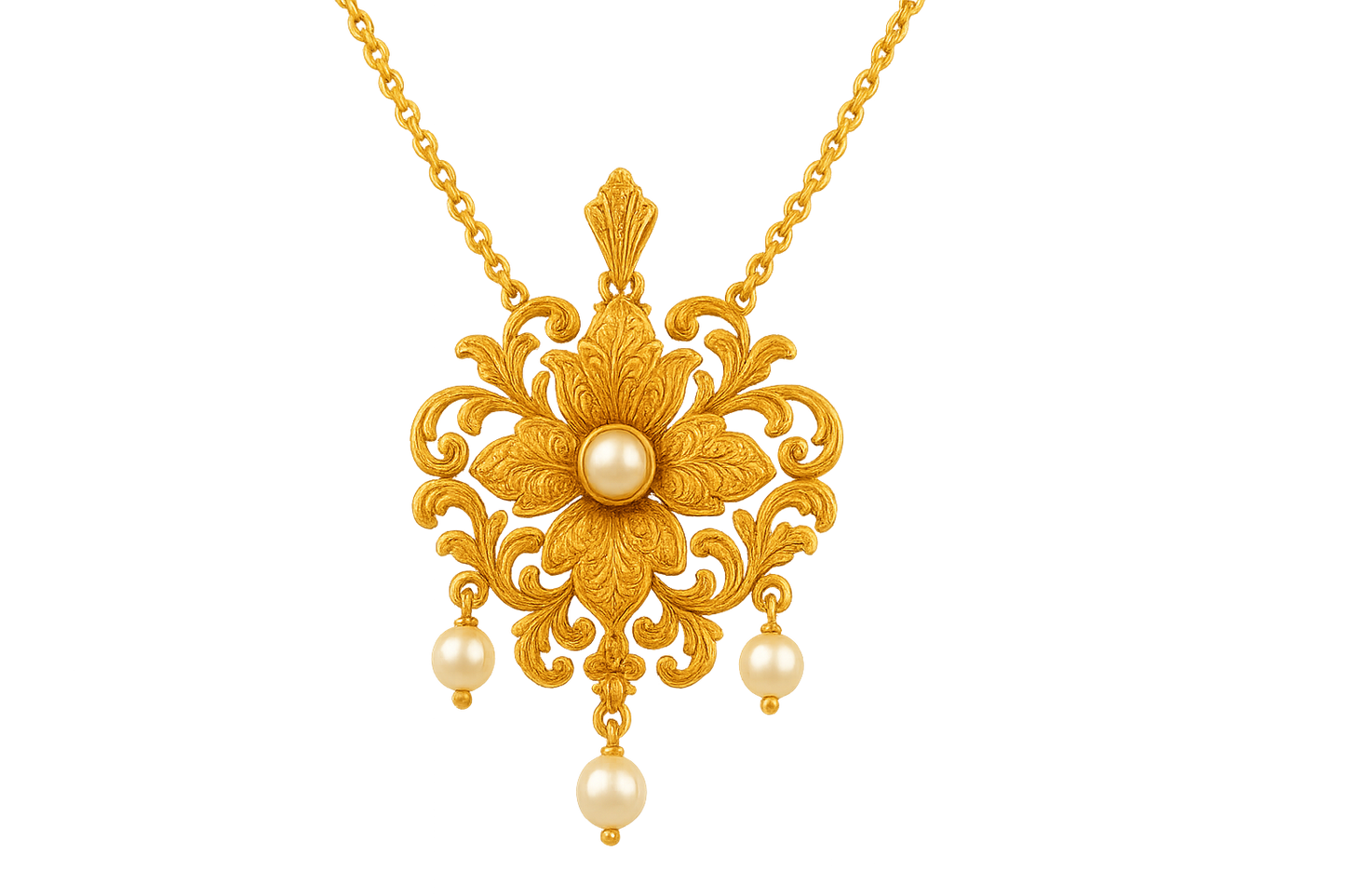 Elegant 22KT gold pendant necklace with intricate floral design. Perfect for festive and daily wear. with pearl give the image in png format no background