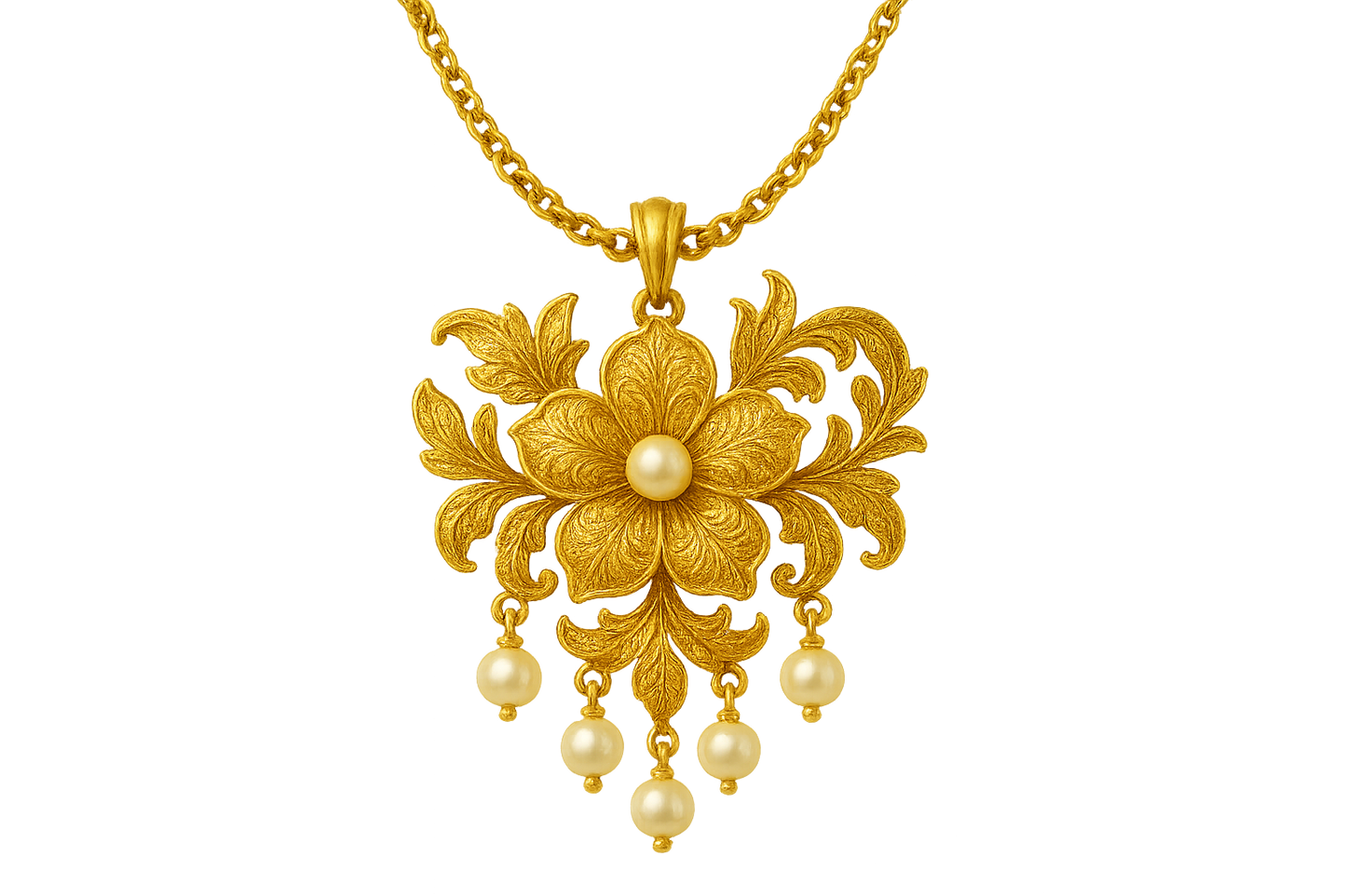 Elegant 22KT gold pendant necklace with intricate floral design. Perfect for festive and daily wear. with pearl give the image in png format no background  