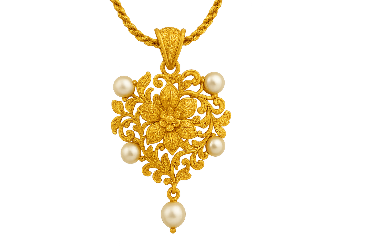 Elegant 22KT gold pendant necklace with intricate floral design. Perfect for festive and daily wear. with pearl give the image in png format no background