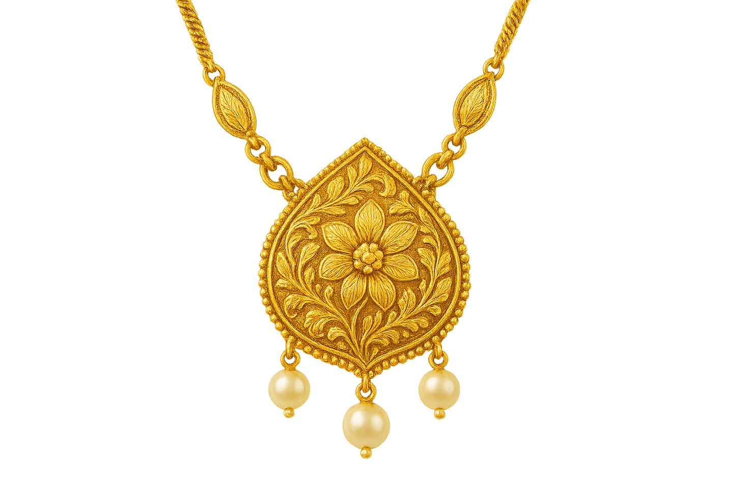 Elegant 22KT gold pendant necklace with intricate floral design. Perfect for festive and daily wear. with pearl give the image in png format no background 
