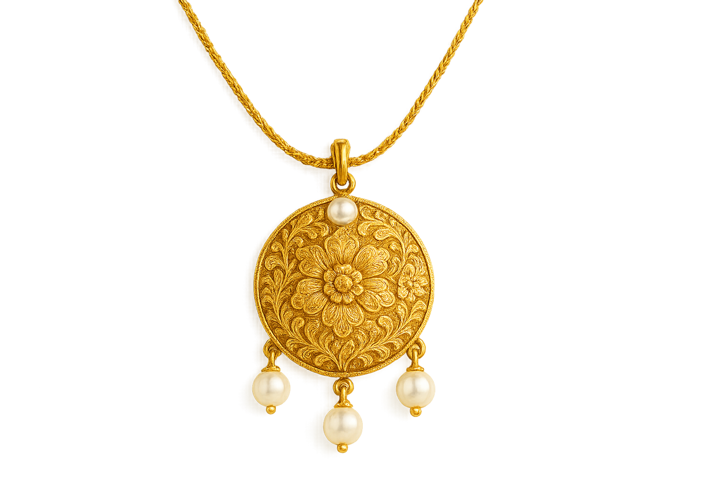 Elegant 22KT gold pendant necklace with intricate floral design. Perfect for festive and daily wear. with pearl give the image in png format no background