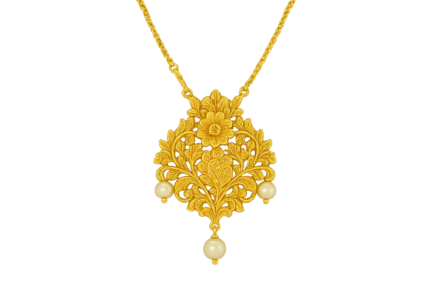 Elegant 22KT gold pendant necklace with intricate floral design. Perfect for festive and daily wear. with pearl give the image in png format no background