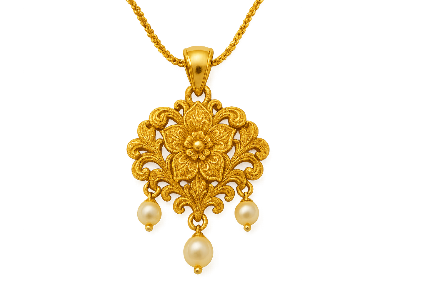 Elegant 22KT gold pendant necklace with intricate floral design. Perfect for festive and daily wear. with pearl give the image in png format no background