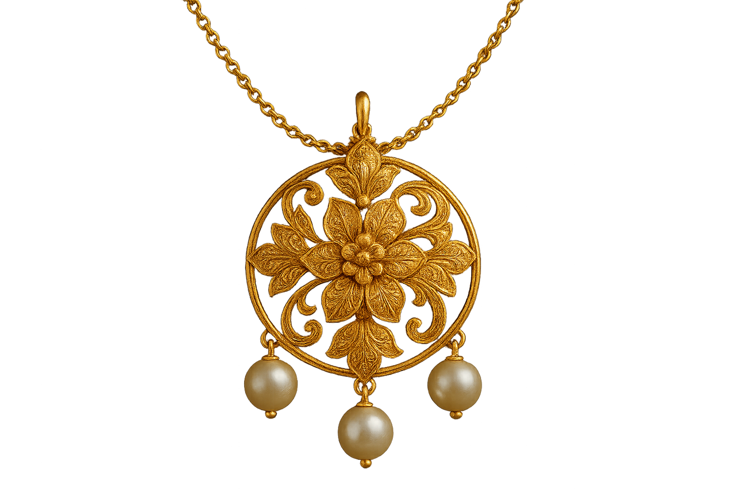 Elegant 22KT gold pendant necklace with intricate floral design. Perfect for festive and daily wear. with pearl give the image in png format no background 