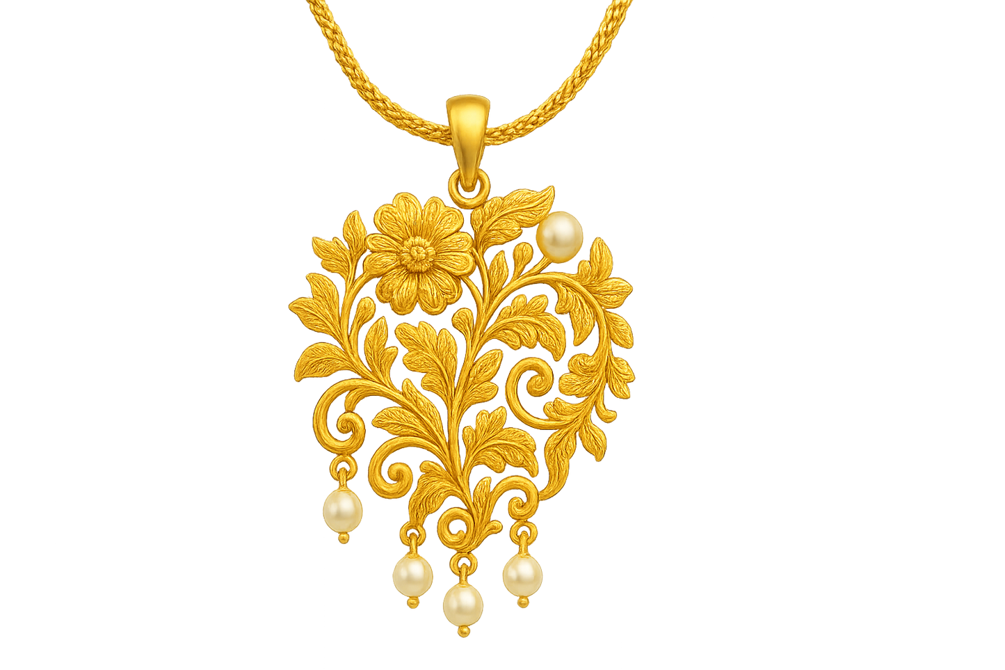Elegant 22KT gold pendant necklace with intricate floral design. Perfect for festive and daily wear. with pearl give the image in png format no background