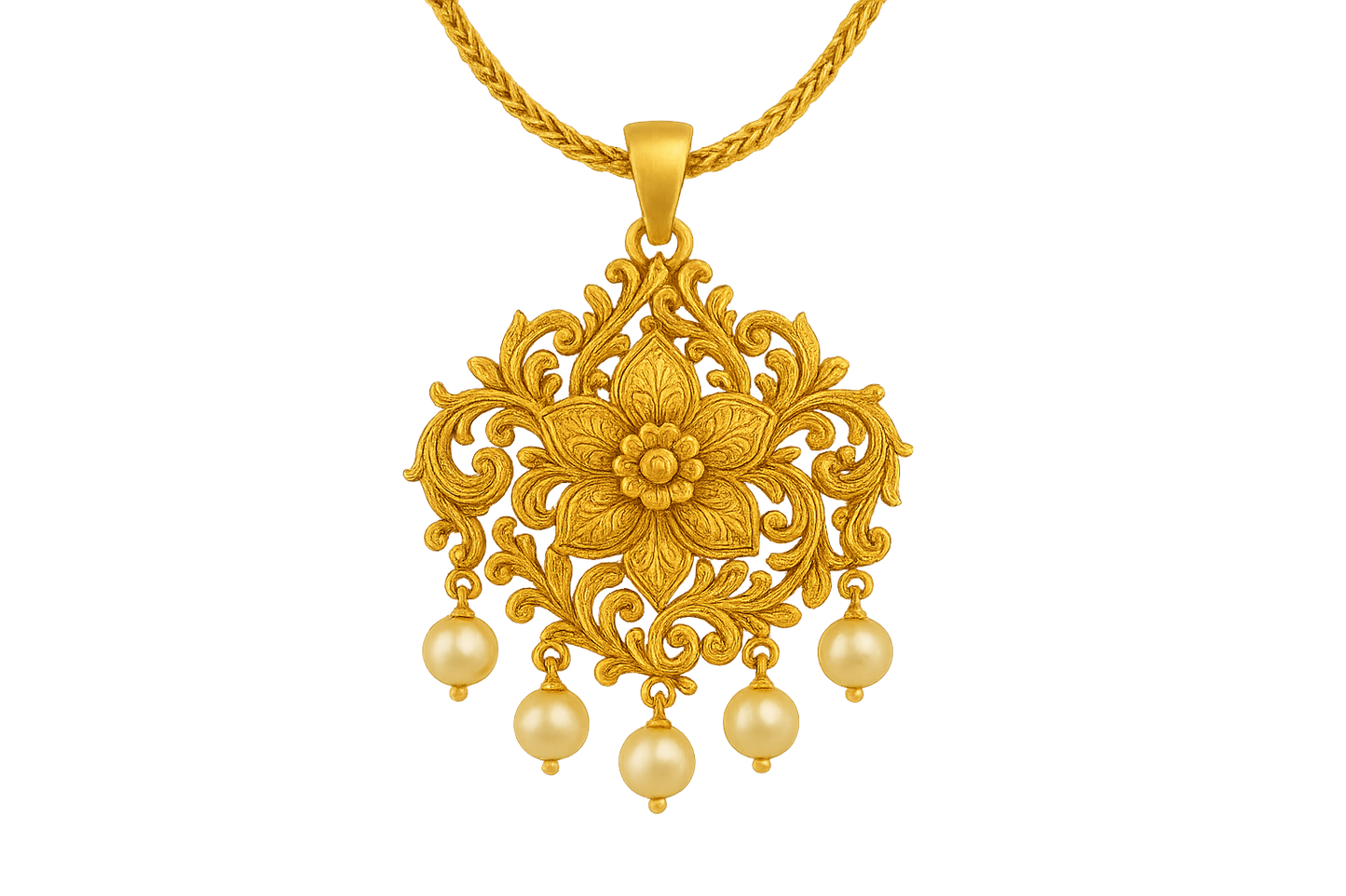 Elegant 22KT gold pendant necklace with intricate floral design. Perfect for festive and daily wear. with pearl give the image in png format no background