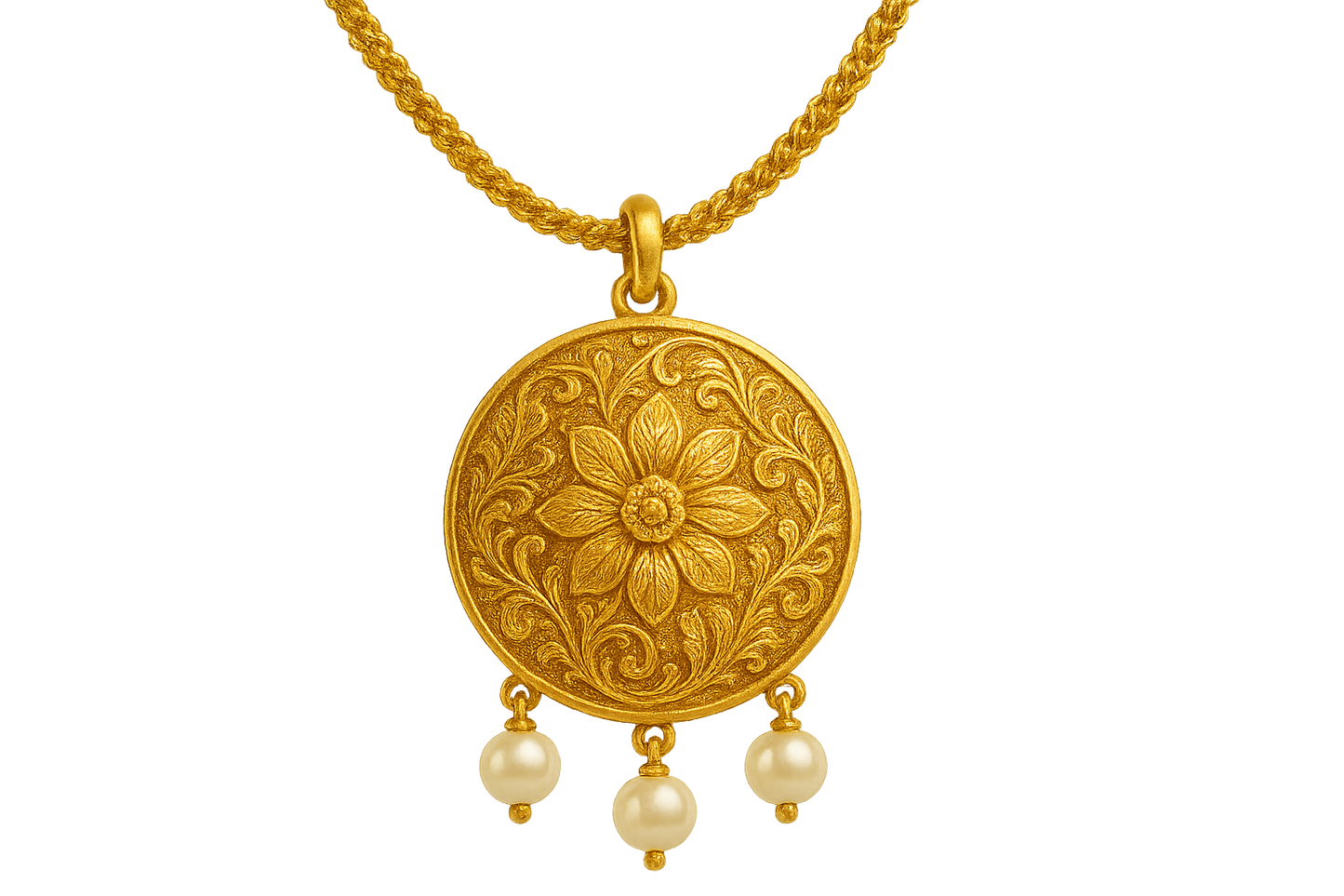 Elegant 22KT gold pendant necklace with intricate floral design. Perfect for festive and daily wear. with pearl give the image in png format no background