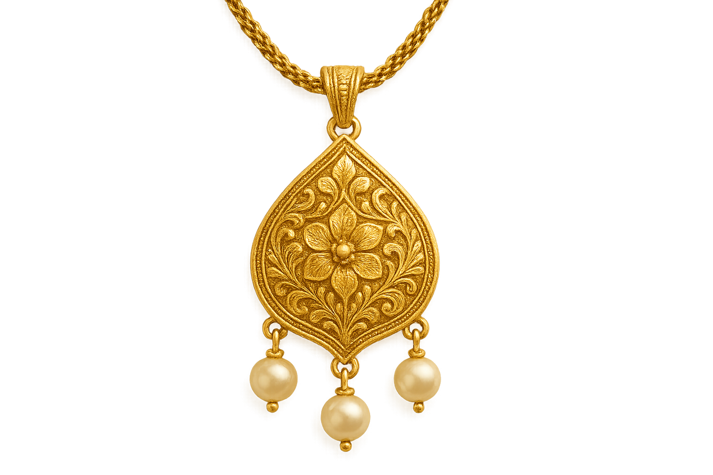 Elegant 22KT gold pendant necklace with intricate floral design. Perfect for festive and daily wear. with pearl give the image in png format no background  