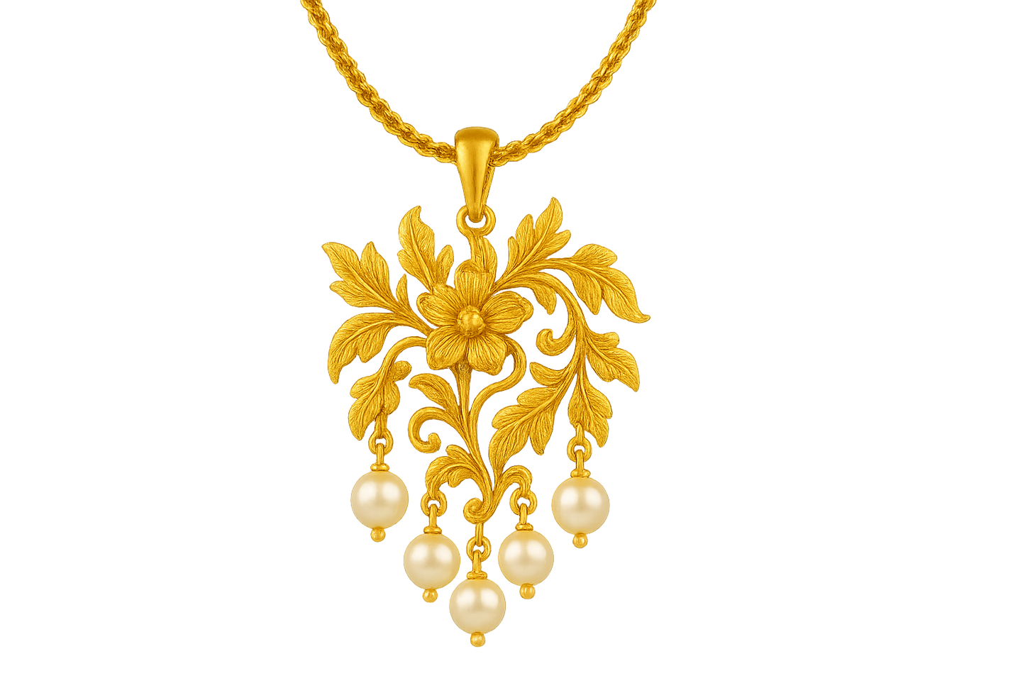 Elegant 22KT gold pendant necklace with intricate floral design. Perfect for festive and daily wear. with pearl give the image in png format no background 