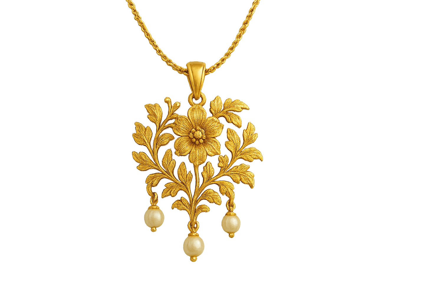 Elegant 22KT gold pendant necklace with intricate floral design. Perfect for festive and daily wear. with pearl give the image in png format no background 