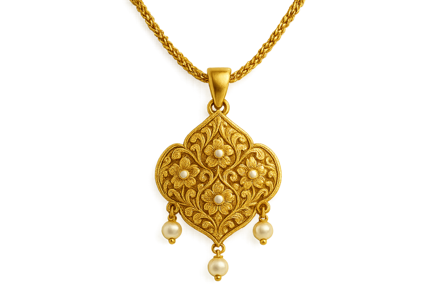 Elegant 22KT gold pendant necklace with intricate floral design. Perfect for festive and daily wear. with pearl give the image in png format no background  