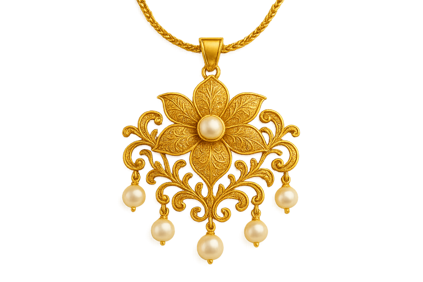 Elegant 22KT gold pendant necklace with intricate floral design. Perfect for festive and daily wear. with pearl give the image in png format no background