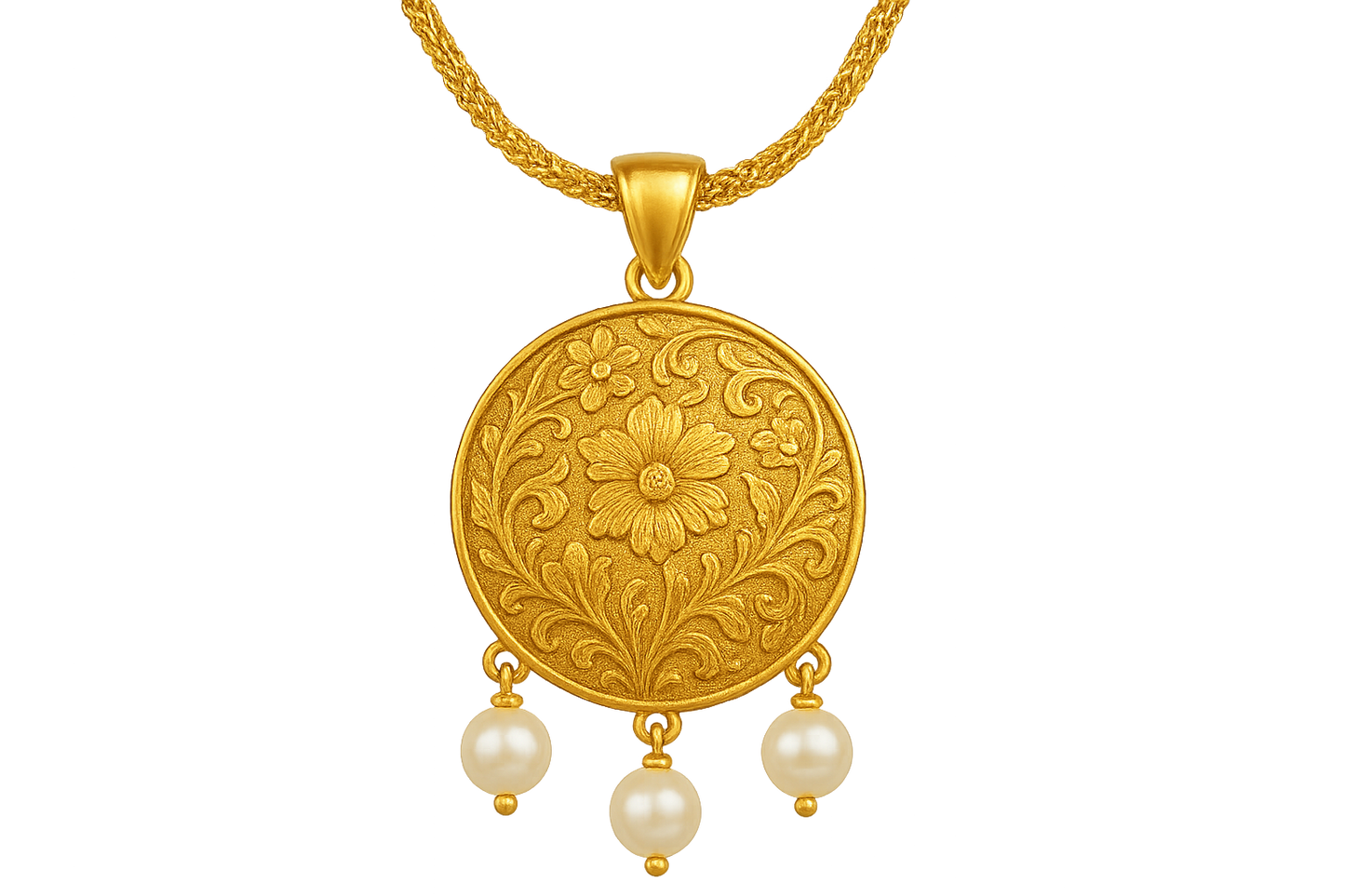 Elegant 22KT gold pendant necklace with intricate floral design. Perfect for festive and daily wear. with pearl give the image in png format no background
