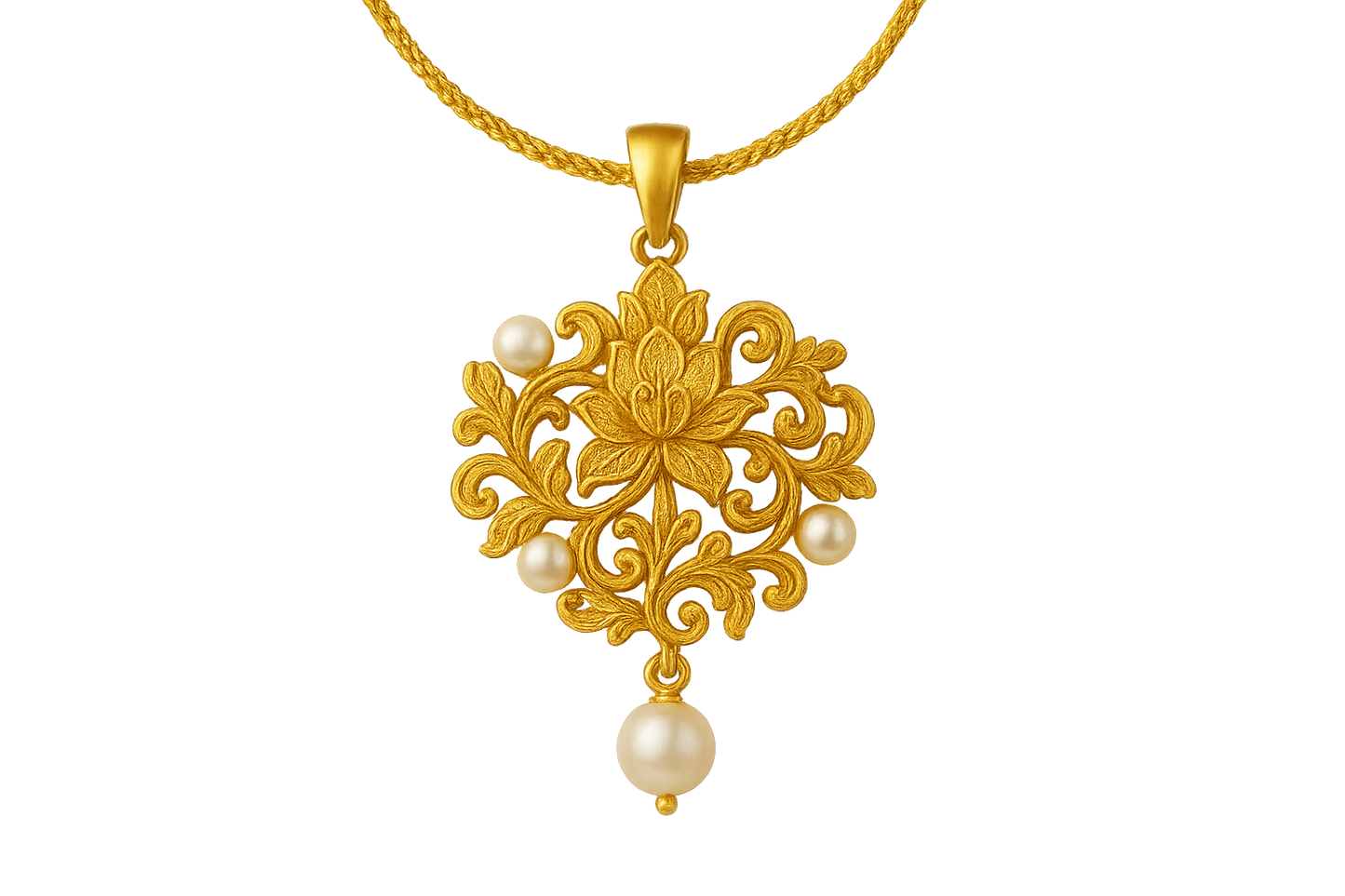 Elegant 22KT gold pendant necklace with intricate floral design. Perfect for festive and daily wear. with pearl give the image in png format no background